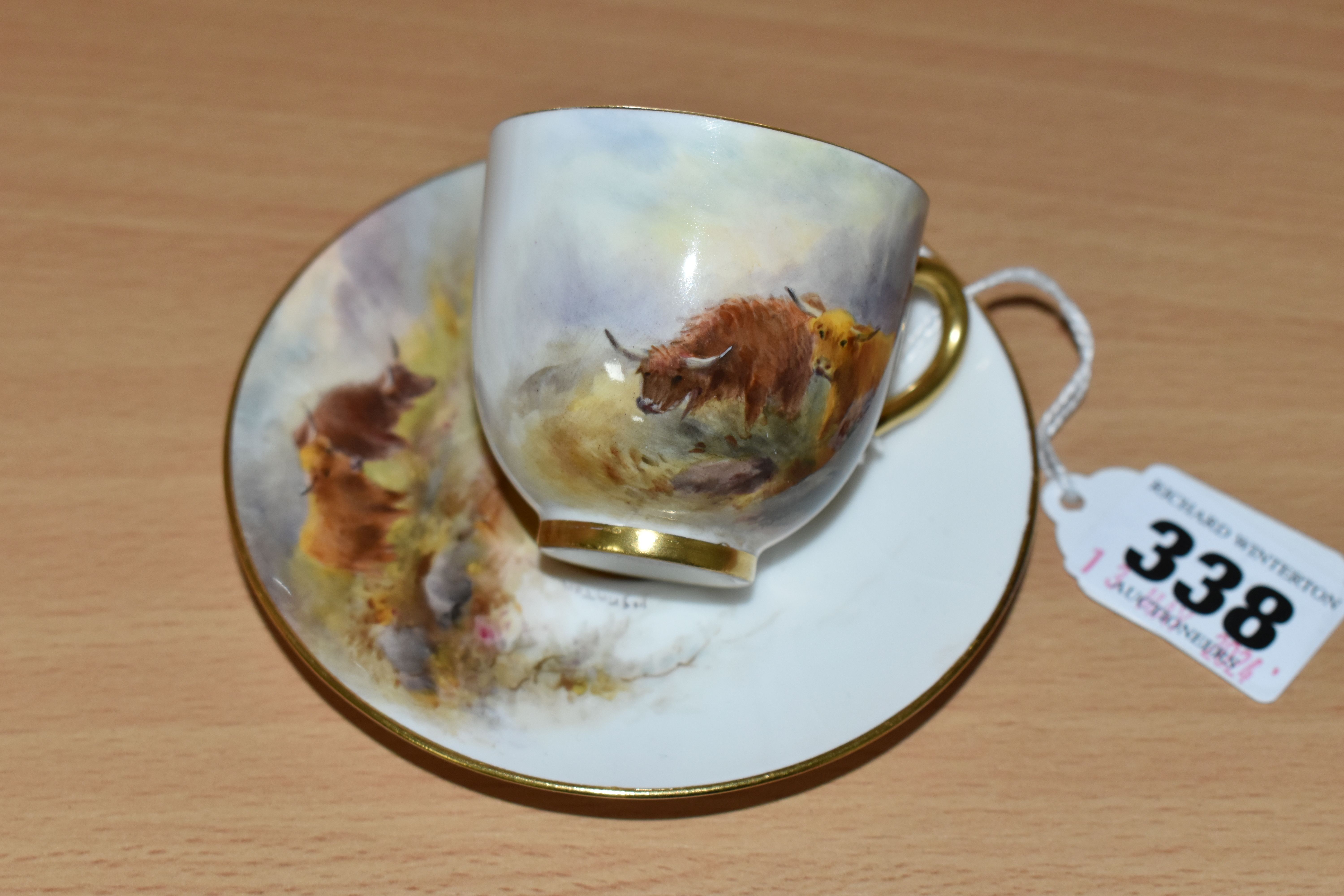 A ROYAL WORCESTER CABINET CUP AND SAUCER BY HARRY STINTON, painted with Highland cattle, each - Image 2 of 4