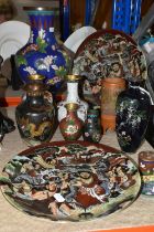 TWELVE PIECES OF ORIENTAL CERAMICS AND CLOISONNE, including a pair of Japanese Satsuma pottery
