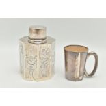 A SILVER TEA CADDY AND A SILVER TRAVEL CUP, the octagonal tea caddy with engraved decoration