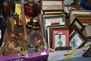 THREE BOXES OF MILITARY PRINTS, EMPTY FRAMES, AND METALWARE ETC including glass oil lamps, and other