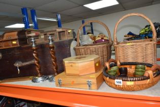 A QUANTITY OF TREEN, WICKER, WALKING STICKS, ETC, including two wicker baskets, one with divisions