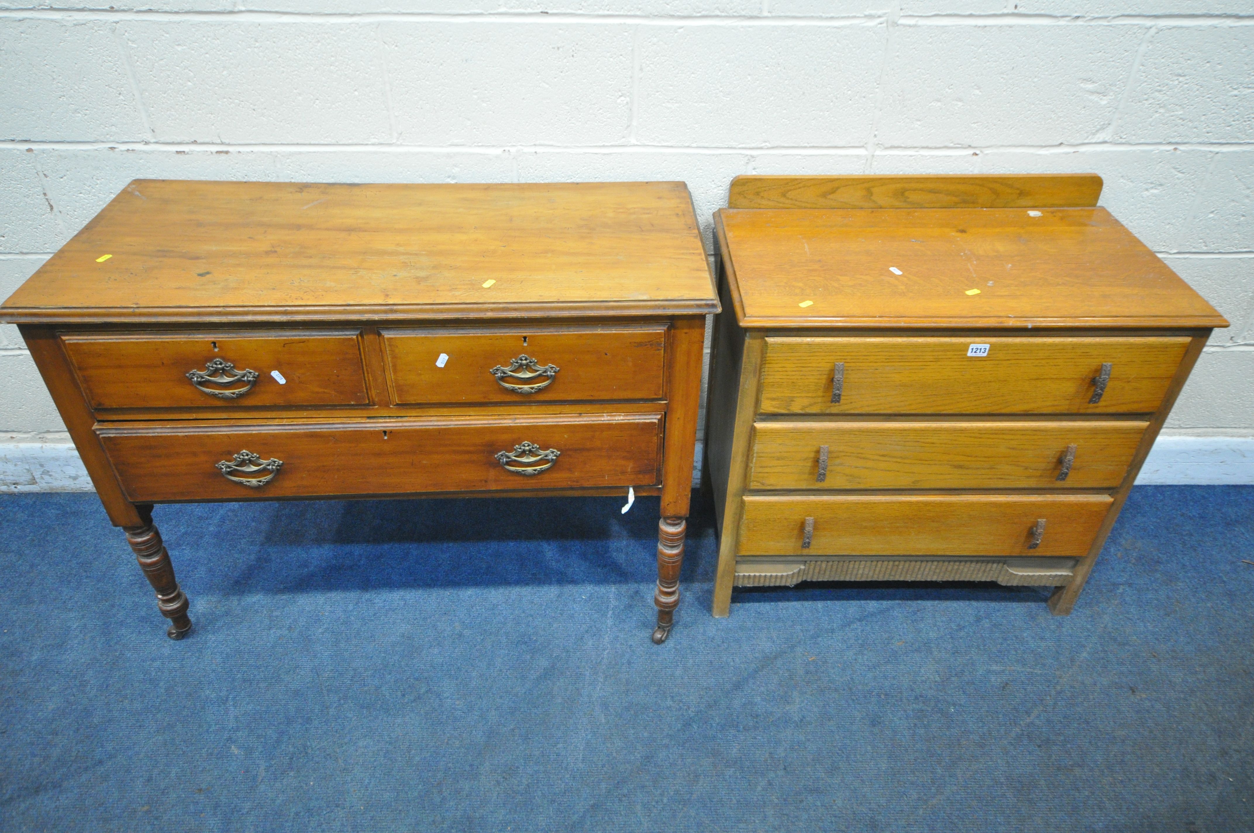 A 20TH CENTURY OAK CHEST OF THREE LONG DRAWERS, width 78cm x depth 45cm x height 80cm, along with an