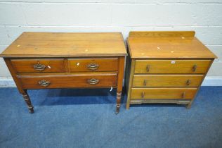 A 20TH CENTURY OAK CHEST OF THREE LONG DRAWERS, width 78cm x depth 45cm x height 80cm, along with an