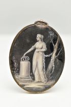 A DOUBLE PHOTO LOCKET, gilt metal, of an oval form, one side depicting a lady in profile, the