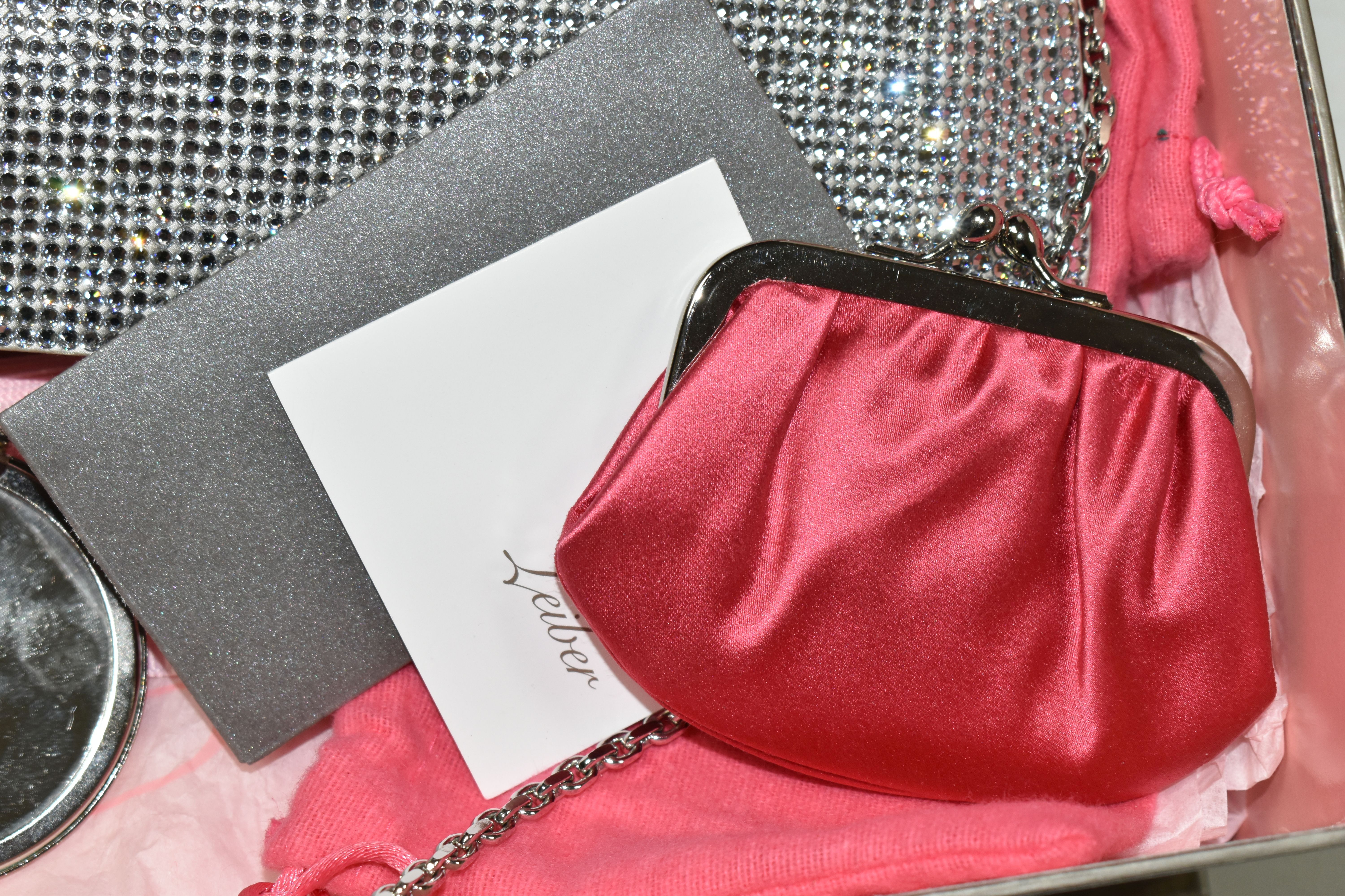 A BOXED JUDITH LEIBER DOUBLE SIDED SILVER DIAMANTE BAG, with grey satin exterior and pink satin - Image 2 of 9