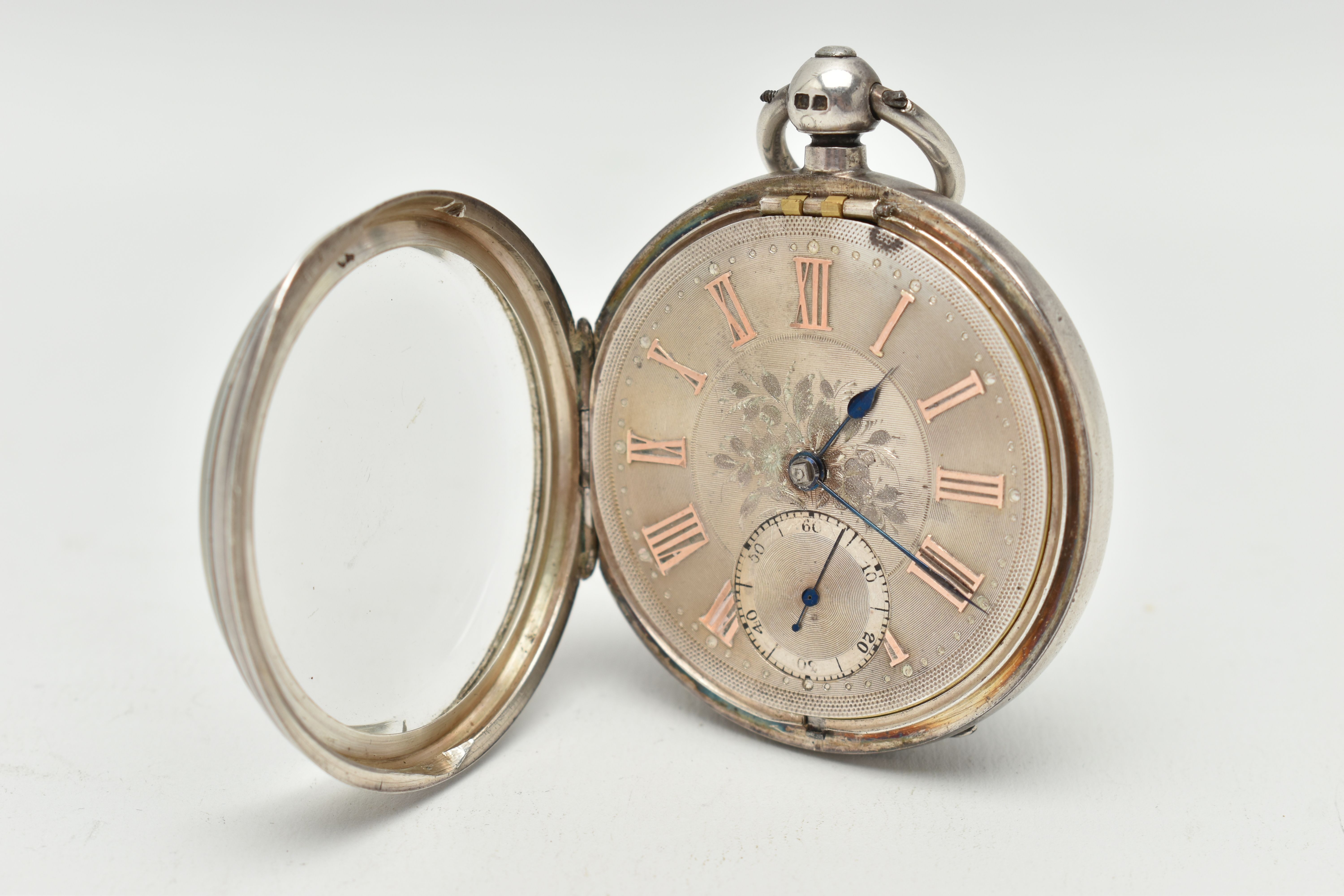 A LATE VICTORIAN SILVER OPEN FACE POCKET WATCH, key wound, round silver floral pattern dial with - Image 3 of 5