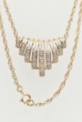 A 9CT GOLD DIAMOND NECKLACE, designed as a central panel of graduated lines set with single cut