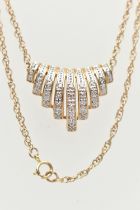 A 9CT GOLD DIAMOND NECKLACE, designed as a central panel of graduated lines set with single cut