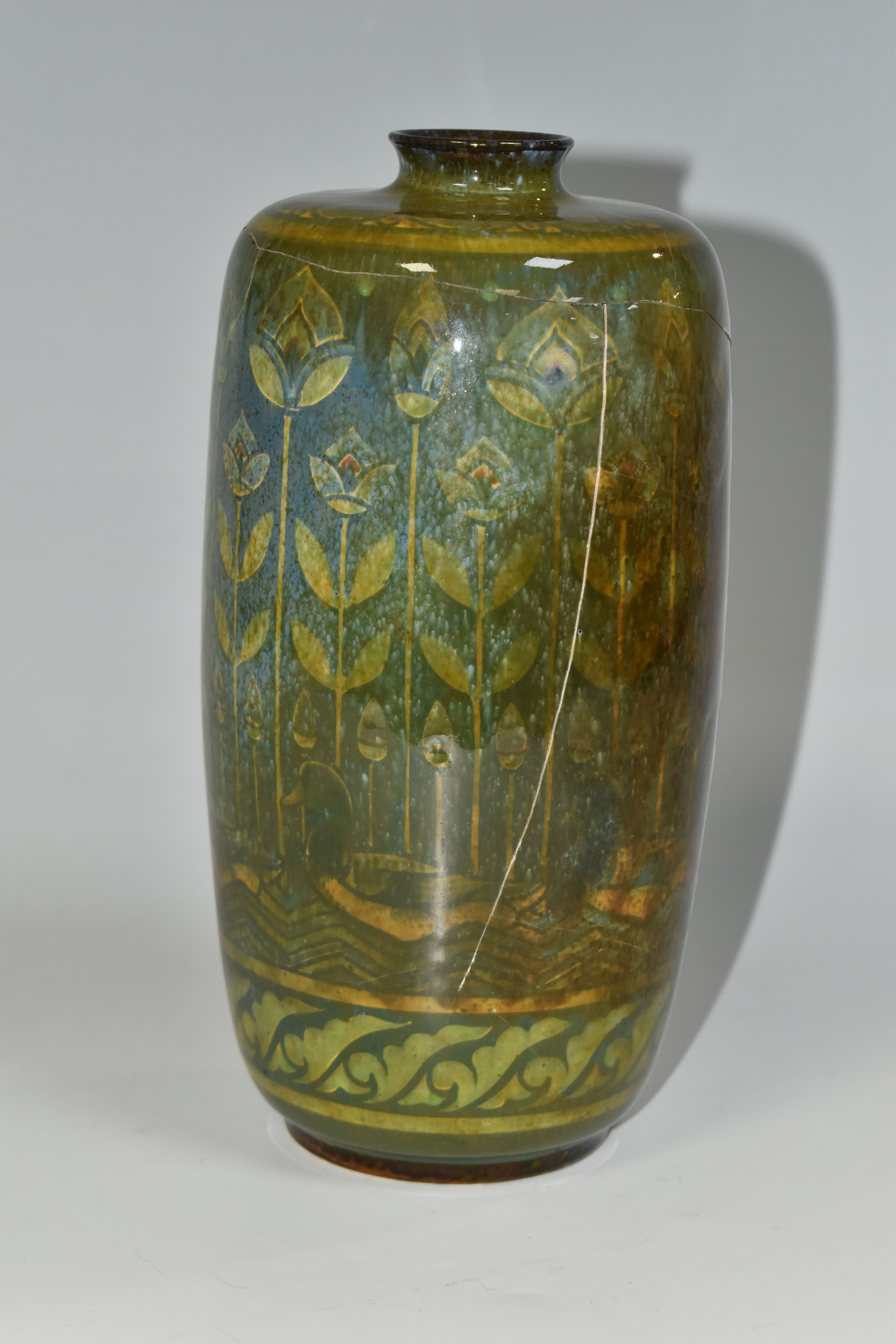 A PILKINGTON'S VASE, decorated with yellow stylized reeds and ducks on a mottled green ground, - Image 2 of 7