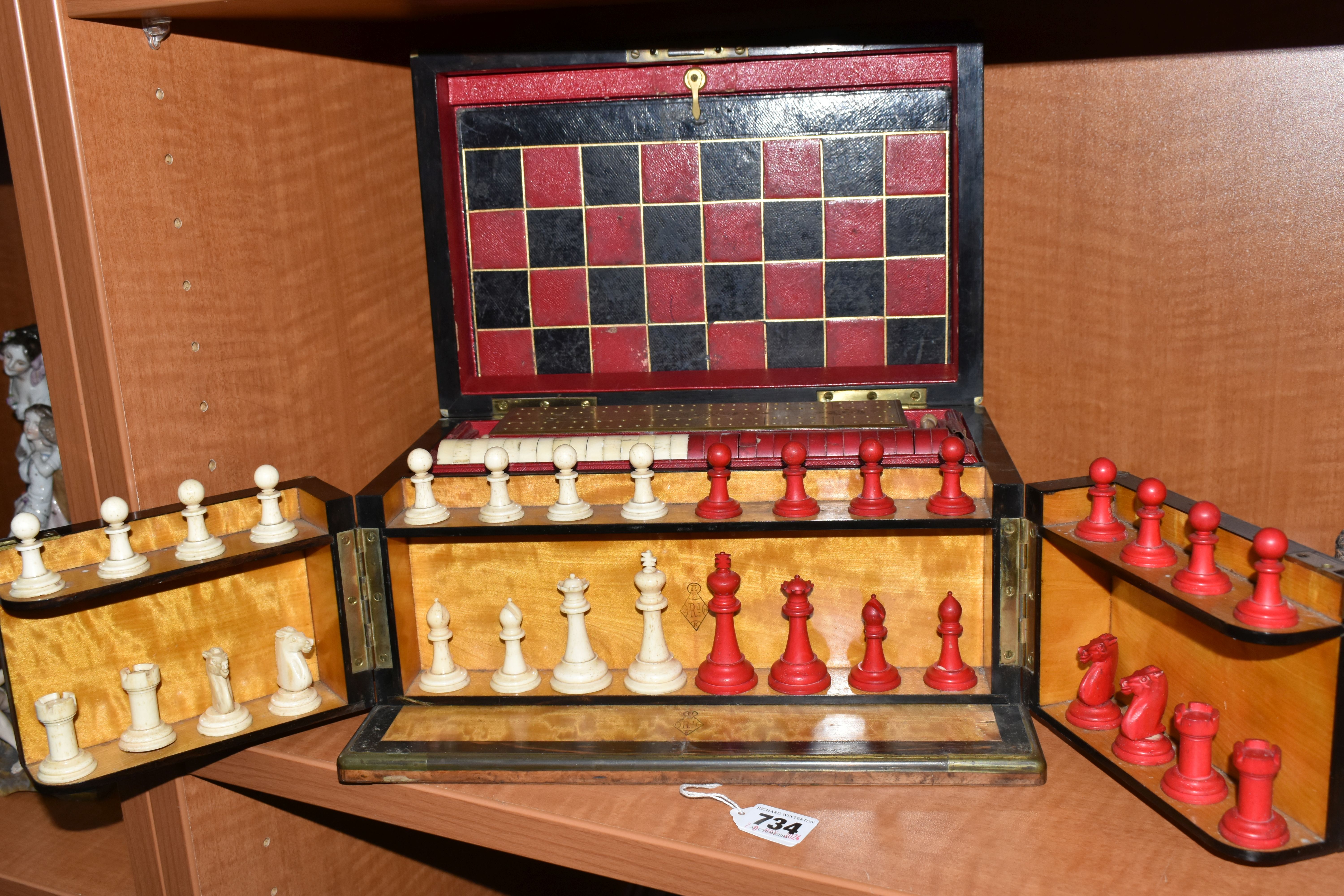 A VICTORIAN BURR WALNUT AND BRASS BOUND GAMES COMPENDIUM, the rectangular box with hinged lid with - Image 3 of 45