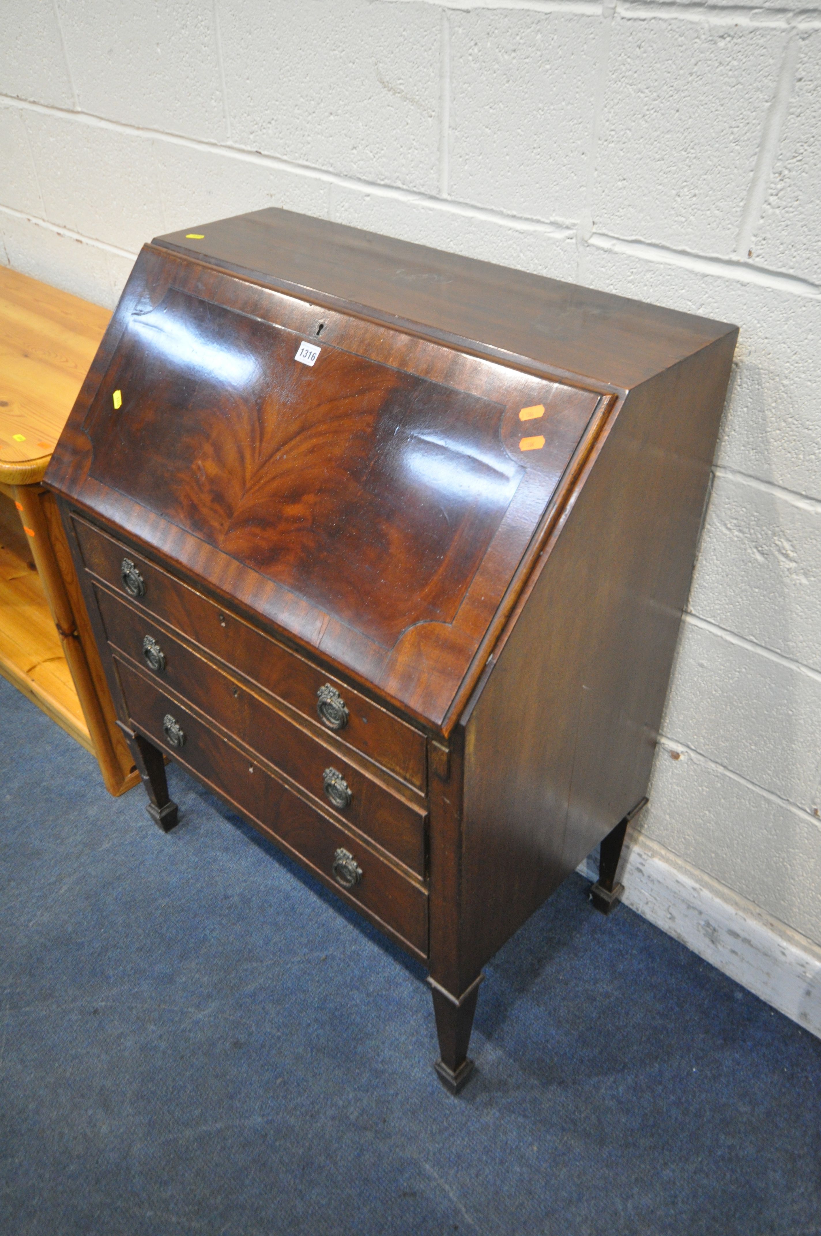 A MAHOGANY BUREAU, with three drawers, 76cm x depth 46cm x height 102cm, and a low pine corner - Image 2 of 4