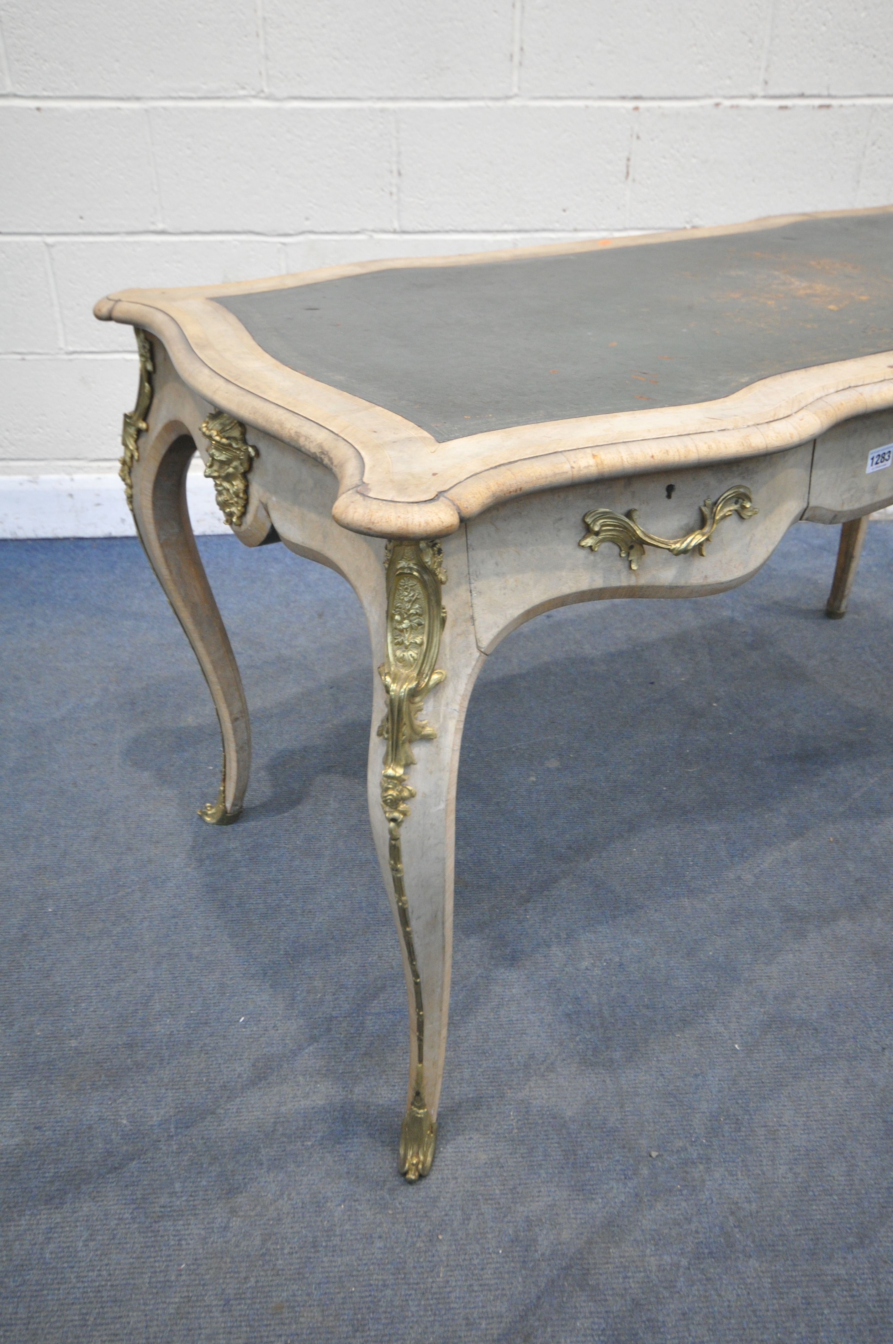 A LOUIS XVI STYLE BURR WALNUT AND CROSSBANDED SERPENTINE WRITING TABLE, green leather writing - Image 3 of 9