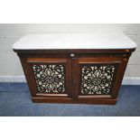 A VICTORIAN ROSEWOOD MARBLE TOP TWO DOOR SIDEBOARD,