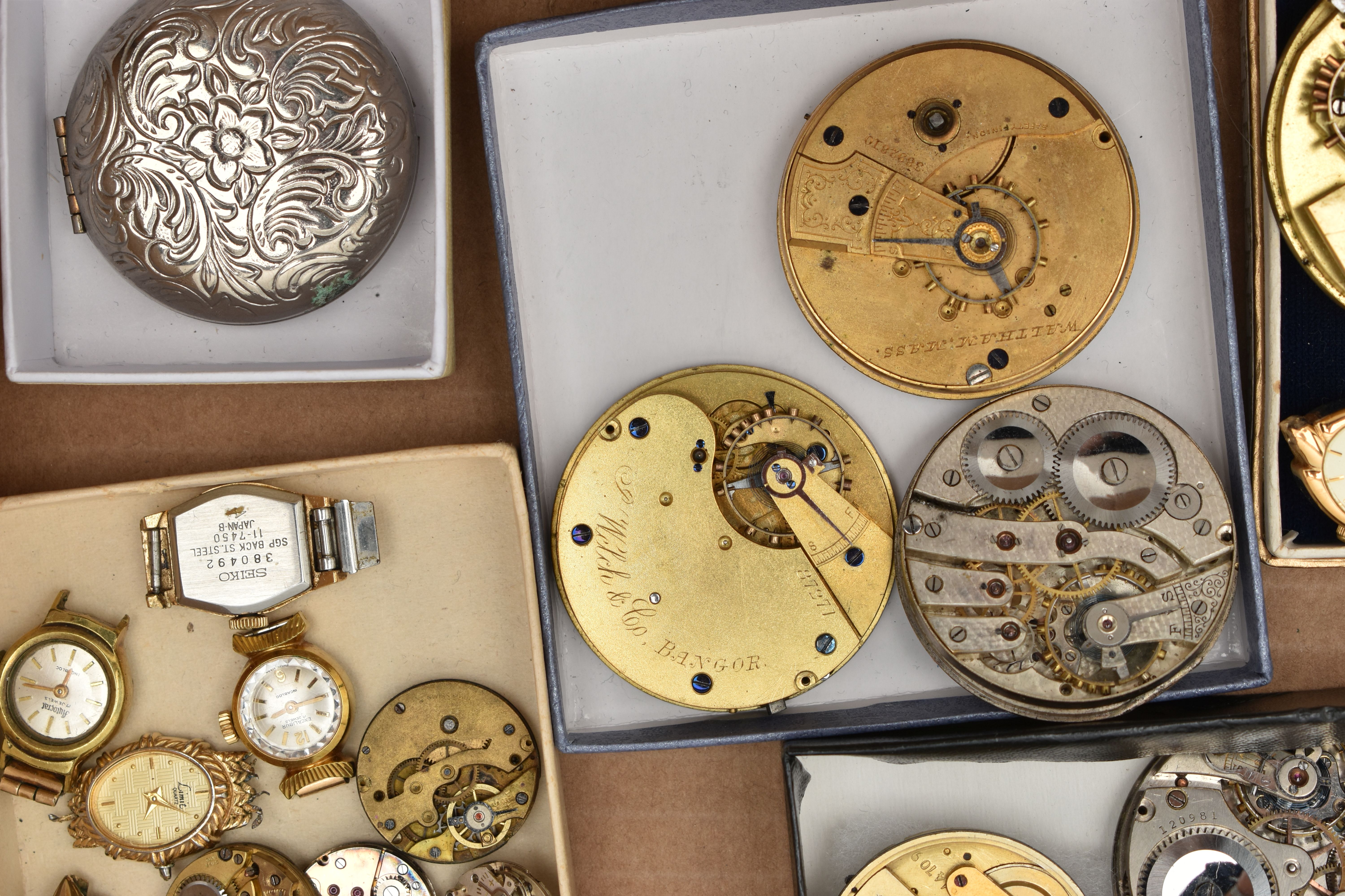 A BOX OF ASSORTED WATCH PARTS, to include a large selection of watch movements, names to include - Image 9 of 11