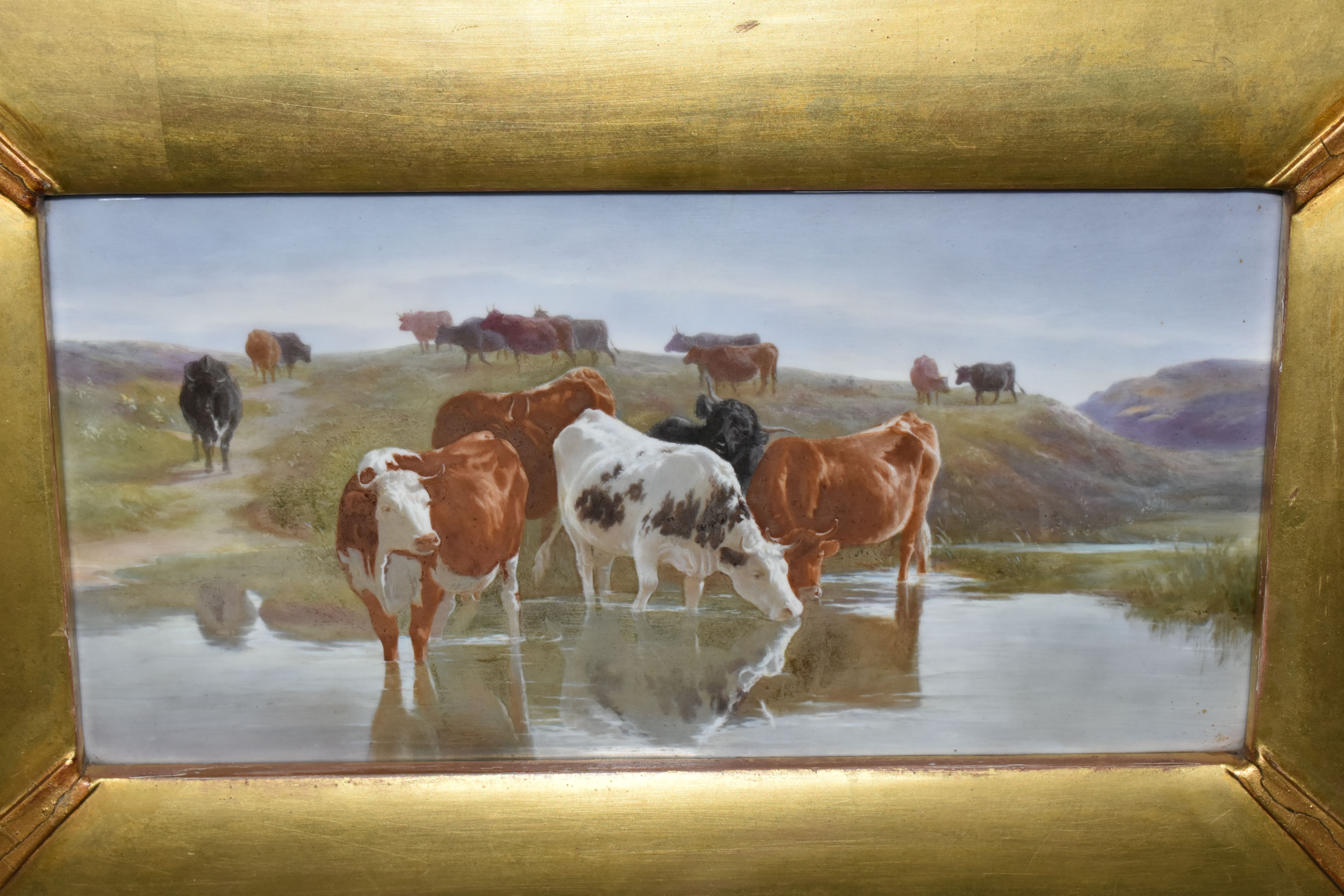A LATE 19TH CENTURY GILT FRAMED PORCELAIN PLAQUE PAINTED WITH CATTLE WATERING, unsigned and - Image 2 of 9
