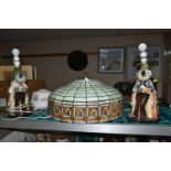 A GROUP OF TABLE LAMPS AND A TIFFANY STYLE CEILING LIGHT SHADE, comprising two Jersey Pottery