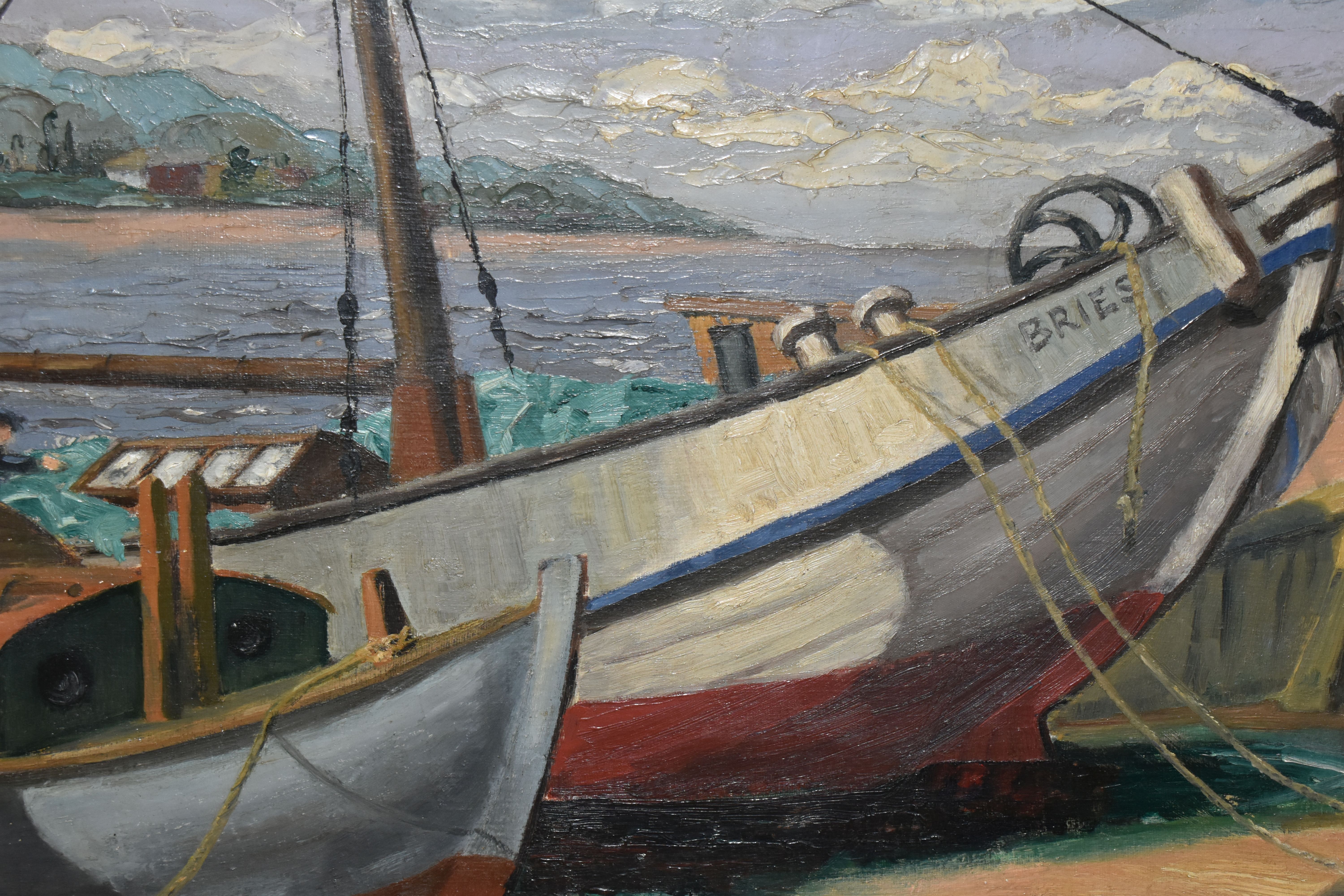 A 20TH CENTURY FISHING BOAT SCENE, two boats are beached at low tide while a male figure tends to - Bild 2 aus 3