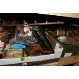 FOUR BOXES AND LOOSE SUNDRIES, to include a selection of vintage travel cases in various sizes, a