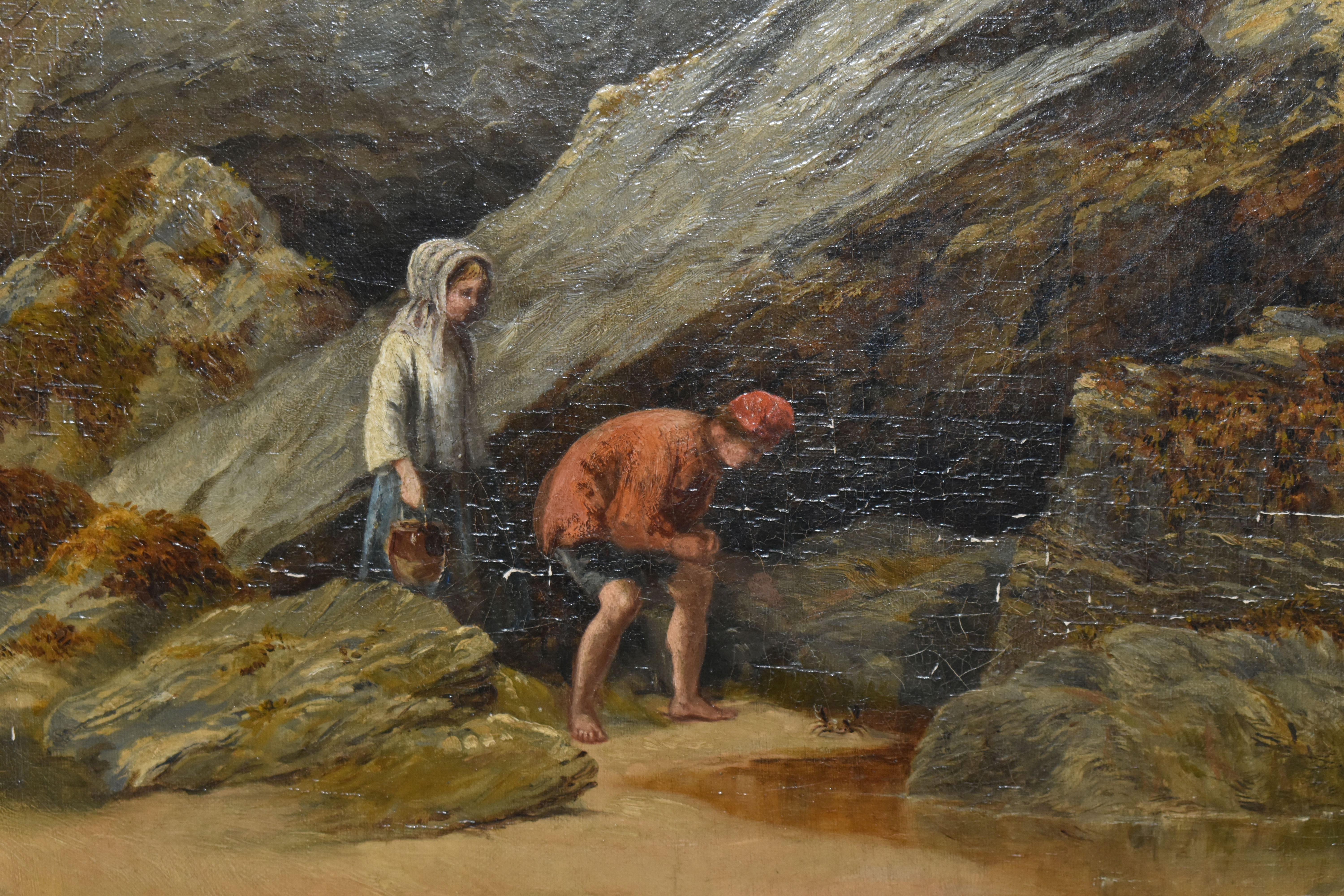 W. COLLINS (19TH CENTURY) A ROCKY COASTAL LANDSCAPE WITH FIGURES, a young male and female figures - Image 4 of 5