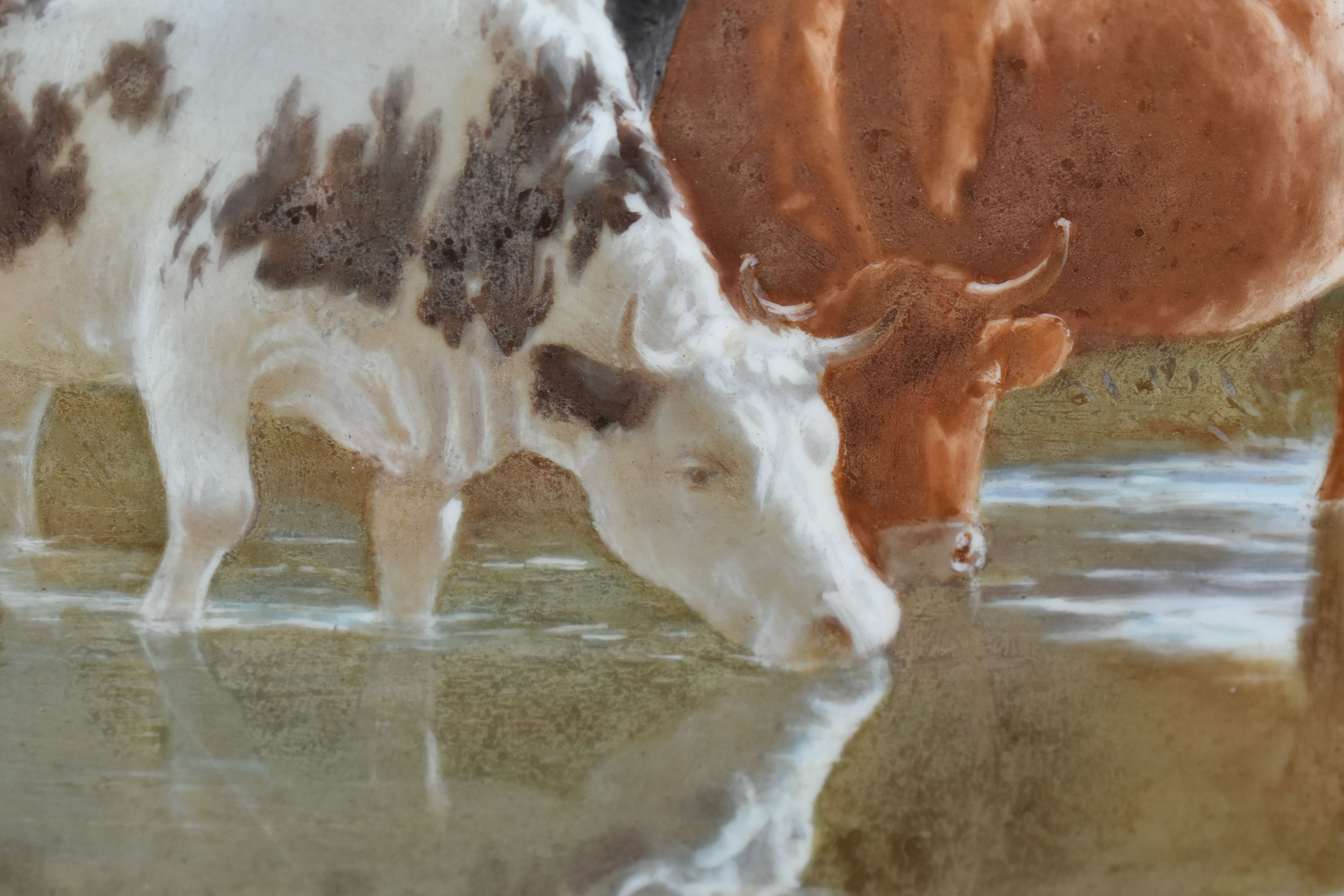 A LATE 19TH CENTURY GILT FRAMED PORCELAIN PLAQUE PAINTED WITH CATTLE WATERING, unsigned and - Image 6 of 9