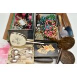 A BOX OF ASSORTED ITEMS, to include various beaded necklaces, a carved bone bead necklace,