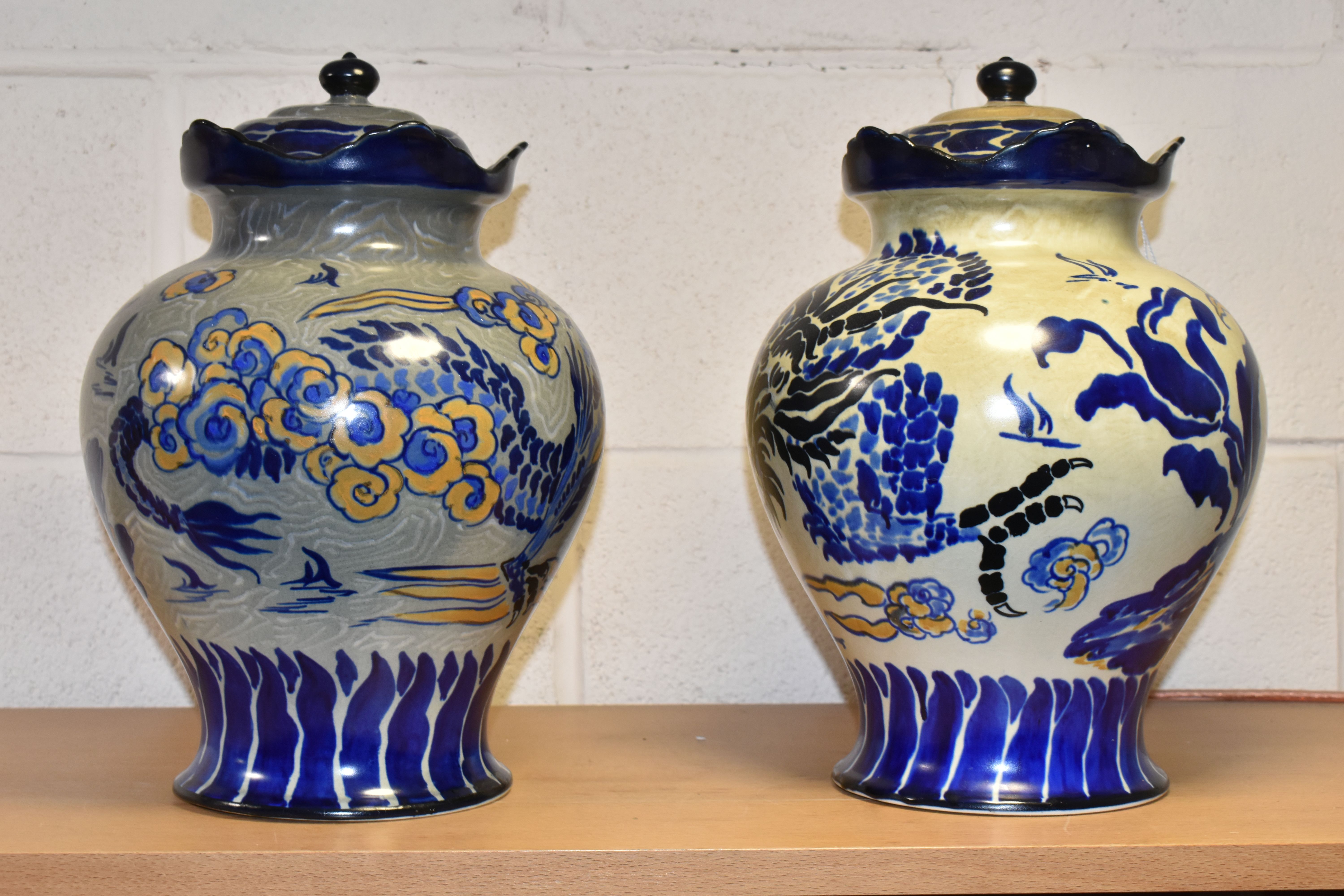 TWO ROYAL CAULDON/CAULDON WARE COVERED JARS, decorated with dragons on blue-grey and beige patterned - Image 3 of 7