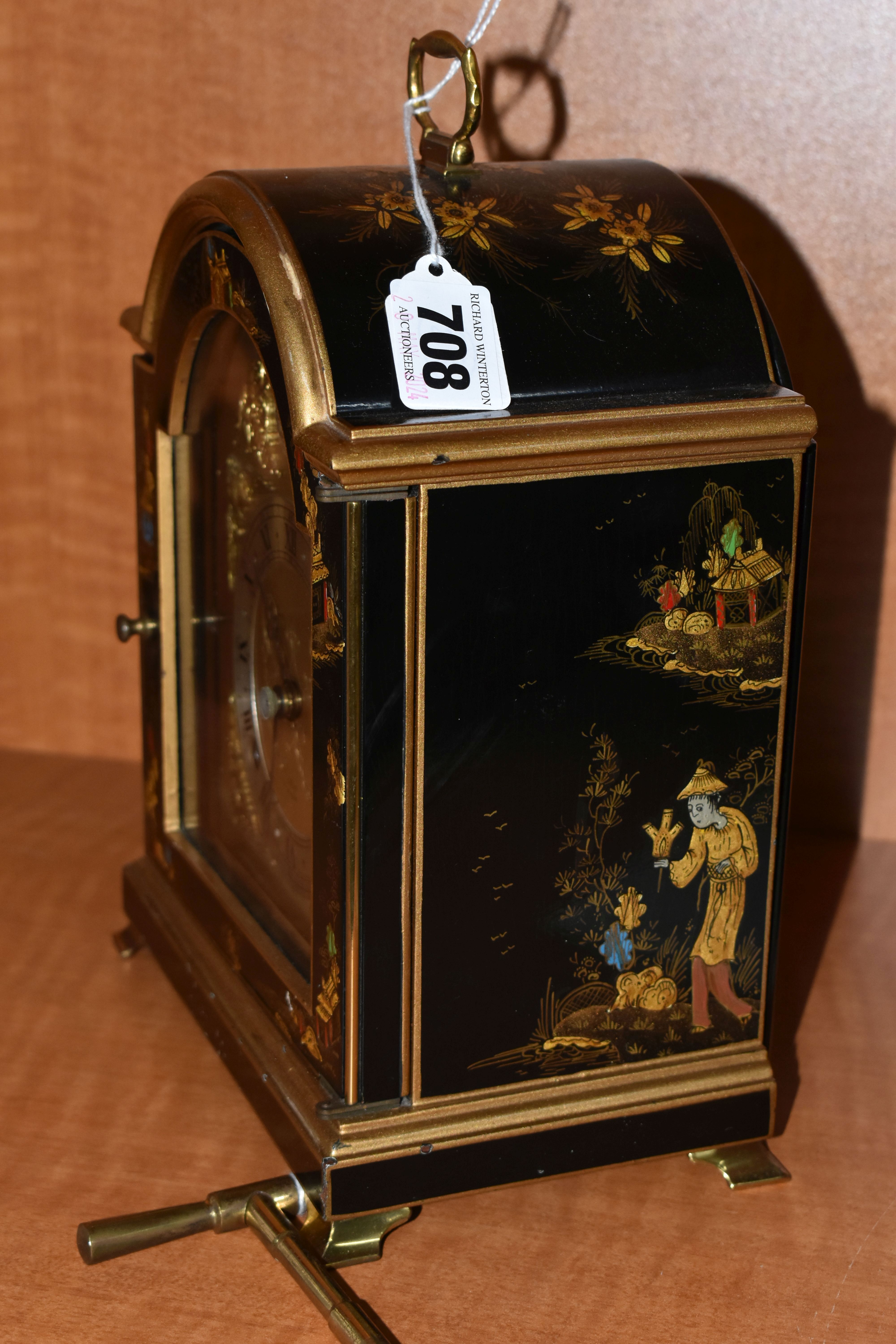 A MODERN ELLIOTT OF LONDON LACQUERED MANTEL CLOCK WITH CHINOISERIE DECORATION, with carrying - Image 6 of 9