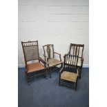 AN EDWARDIAN MAHOGANY BERGÈRE BACK ROCKING CHAIR, along with an oak open armchair, another
