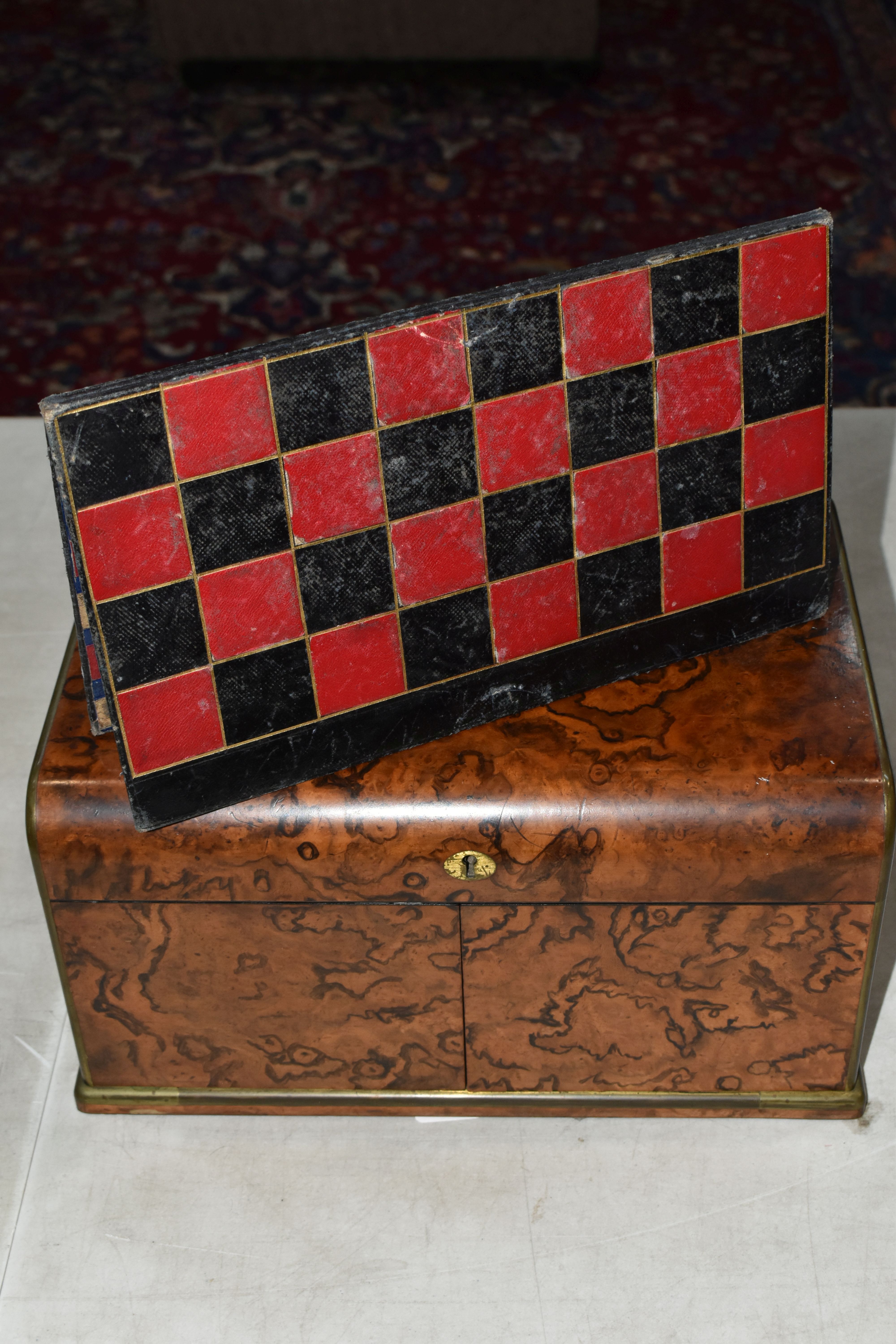 A VICTORIAN BURR WALNUT AND BRASS BOUND GAMES COMPENDIUM, the rectangular box with hinged lid with - Image 29 of 45