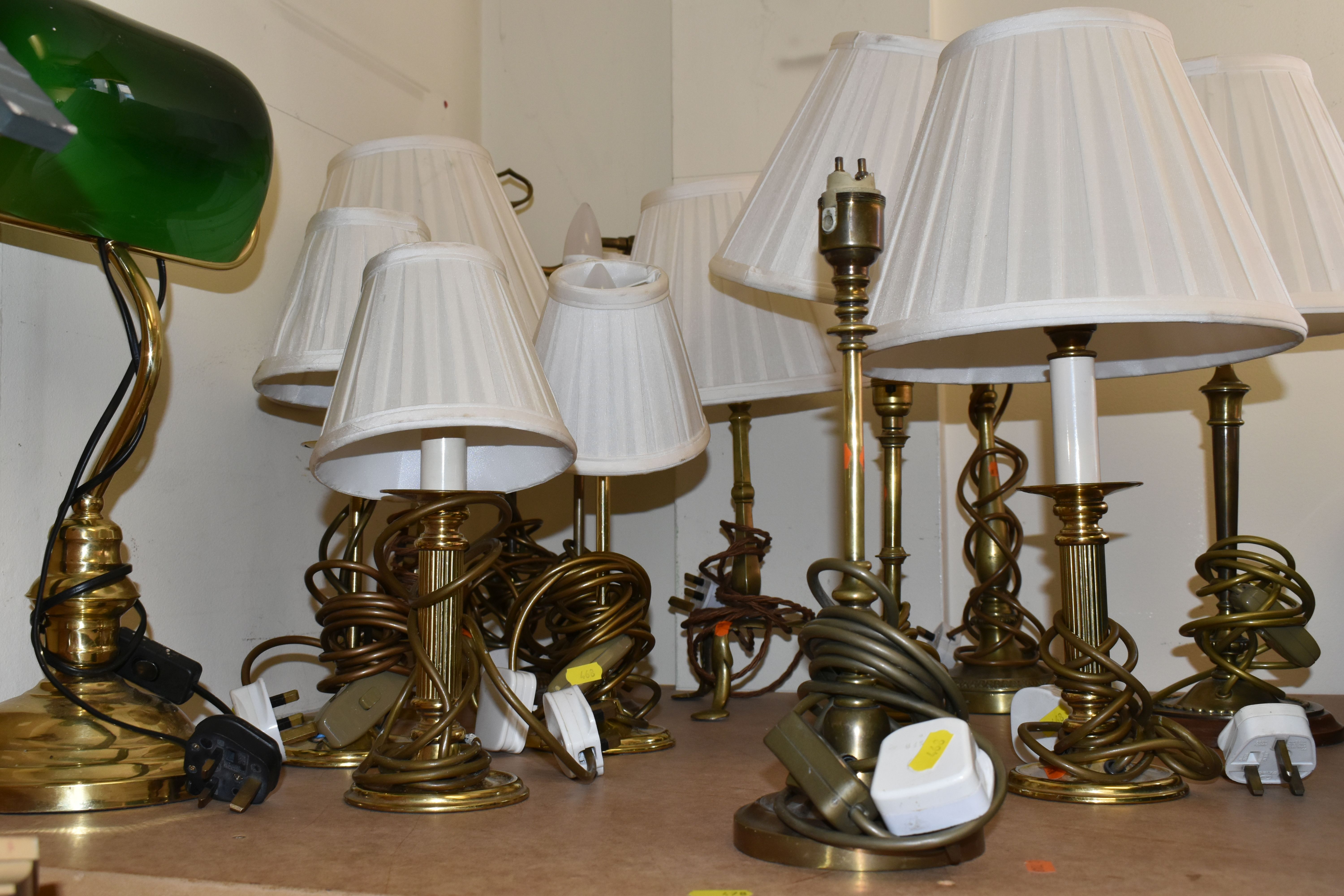 A QUANTITY OF ASSORTED BRASS TABLE AND DESK LAMPS, majority are have various candlestick type bases, - Image 4 of 4