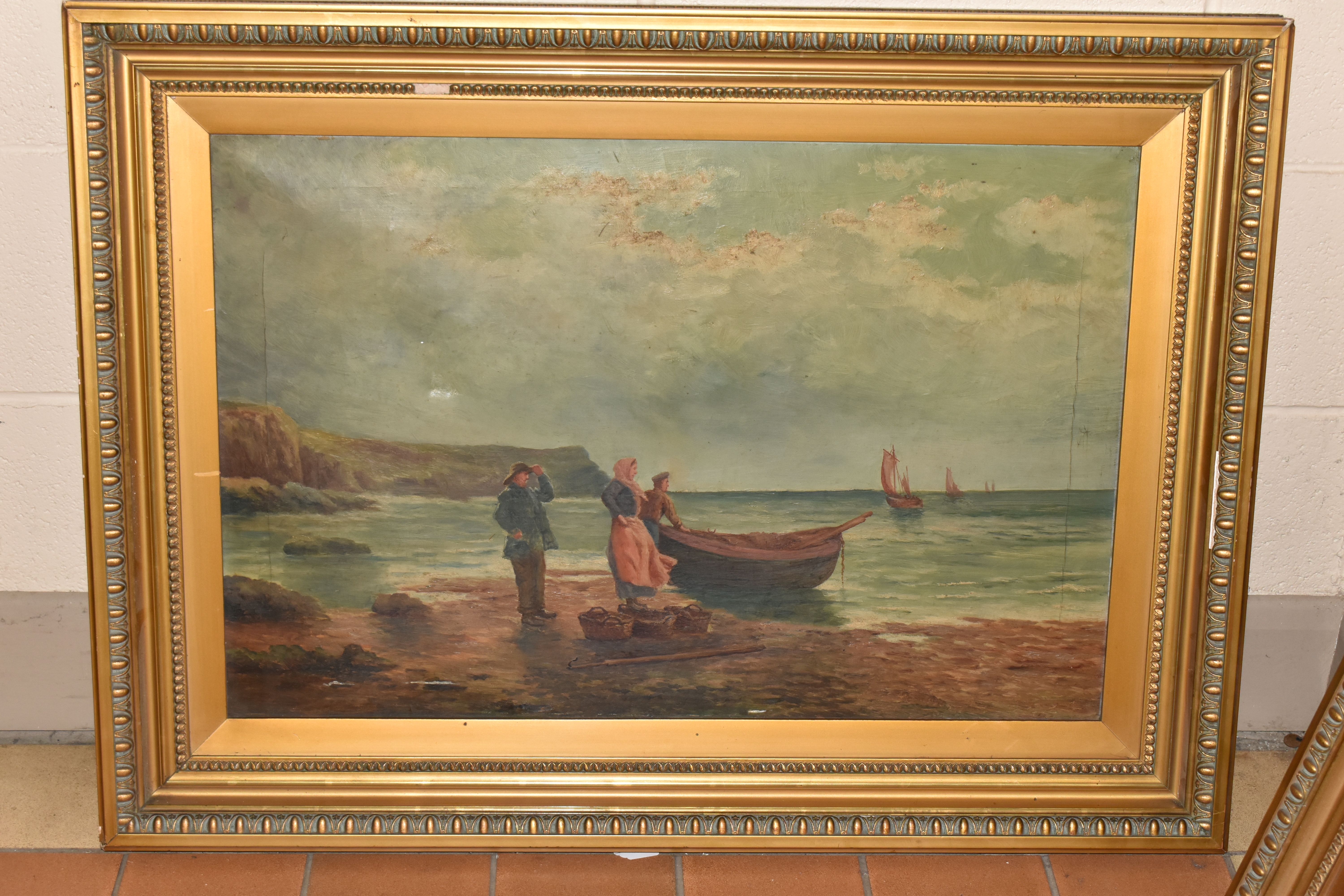 TWO UNSIGNED EARLY 20TH CENTURY COASTAL LANDSCAPES, the first depicts three figures on a beach - Image 6 of 11