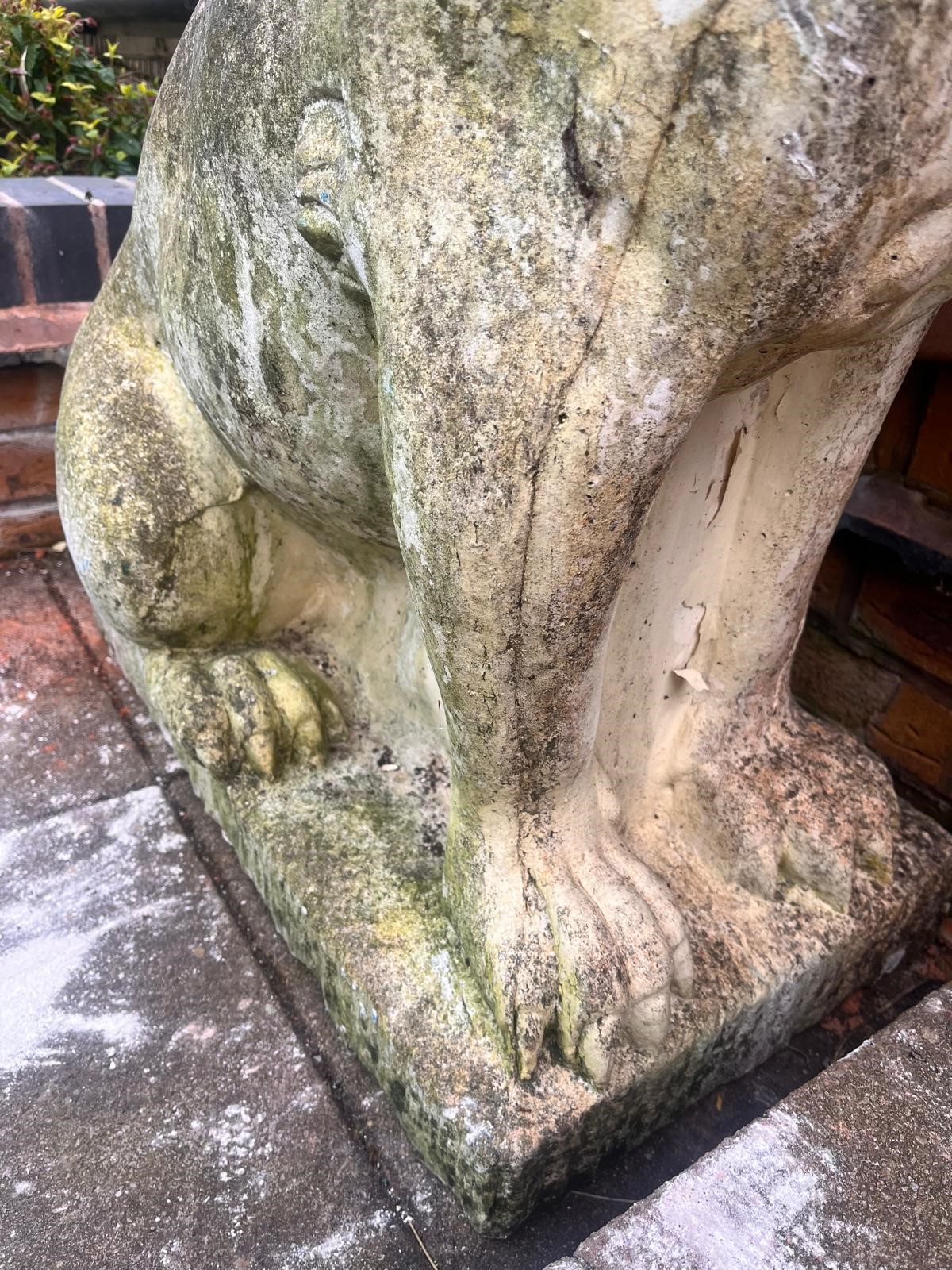A PAIR OF WEATHERED COMPOSITE SEATED GARDEN LIONS, on a square plinth base, width 35cm x depth - Image 9 of 10