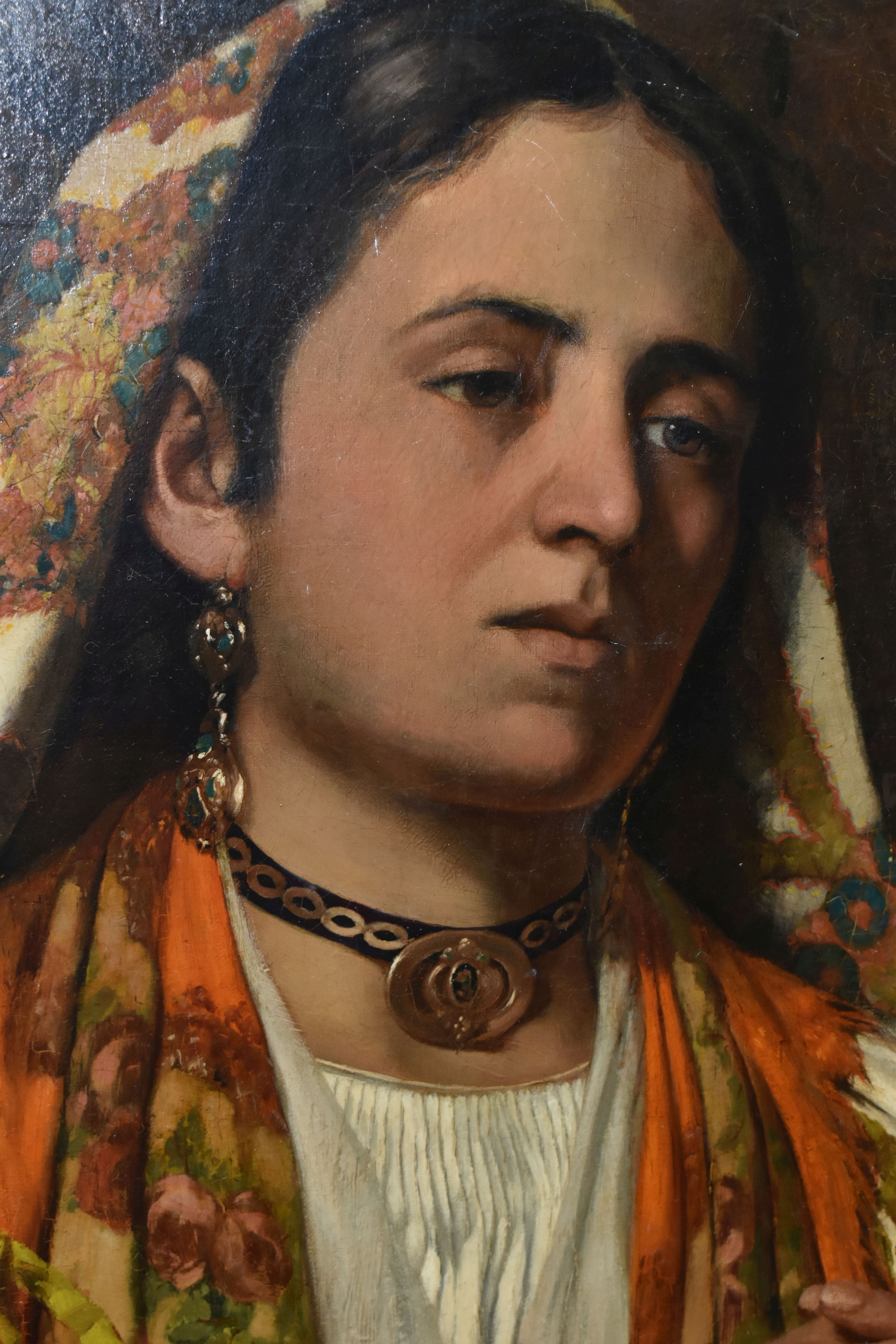 A LATE 19TH CENTURY PORTRAIT OF A CONTINENTAL GYPSY WOMAN, she wears a colourful headscarf and - Image 3 of 5