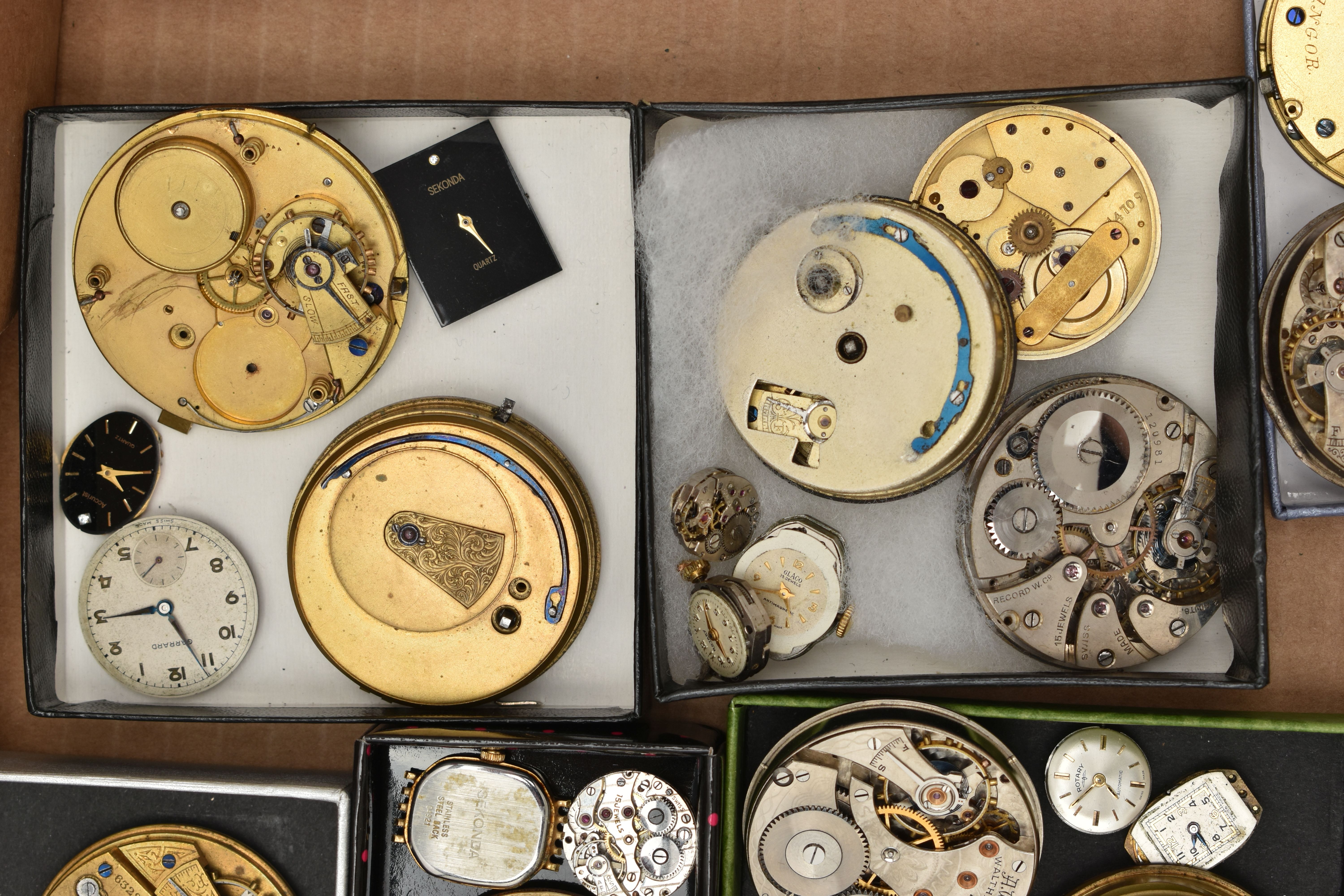 A BOX OF ASSORTED WATCH PARTS, to include a large selection of watch movements, names to include - Image 10 of 11