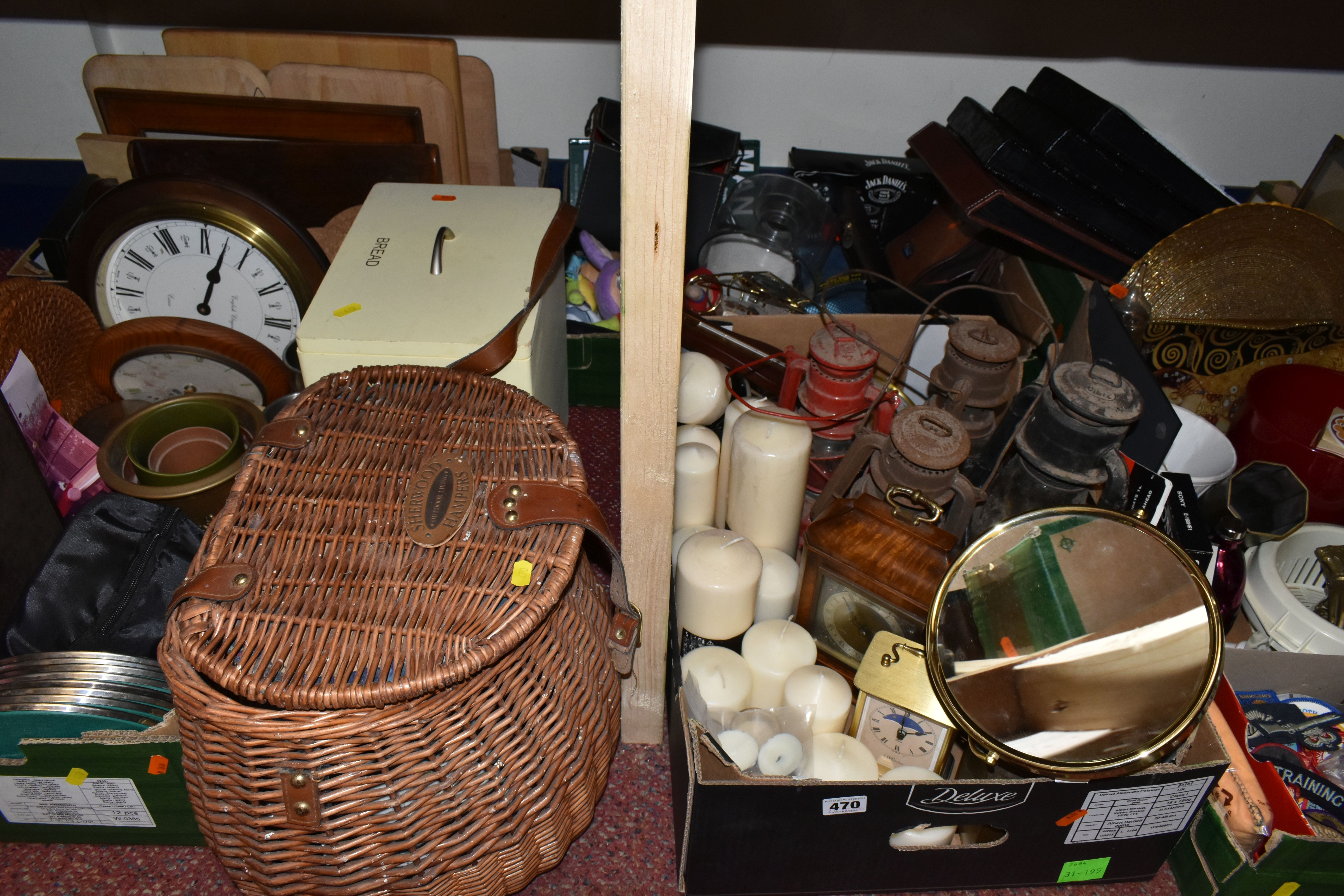 SIX BOXES AND LOOSE MISCELLANEOUS HOME WARES, to include a Sherwood Hampers creel style hamper
