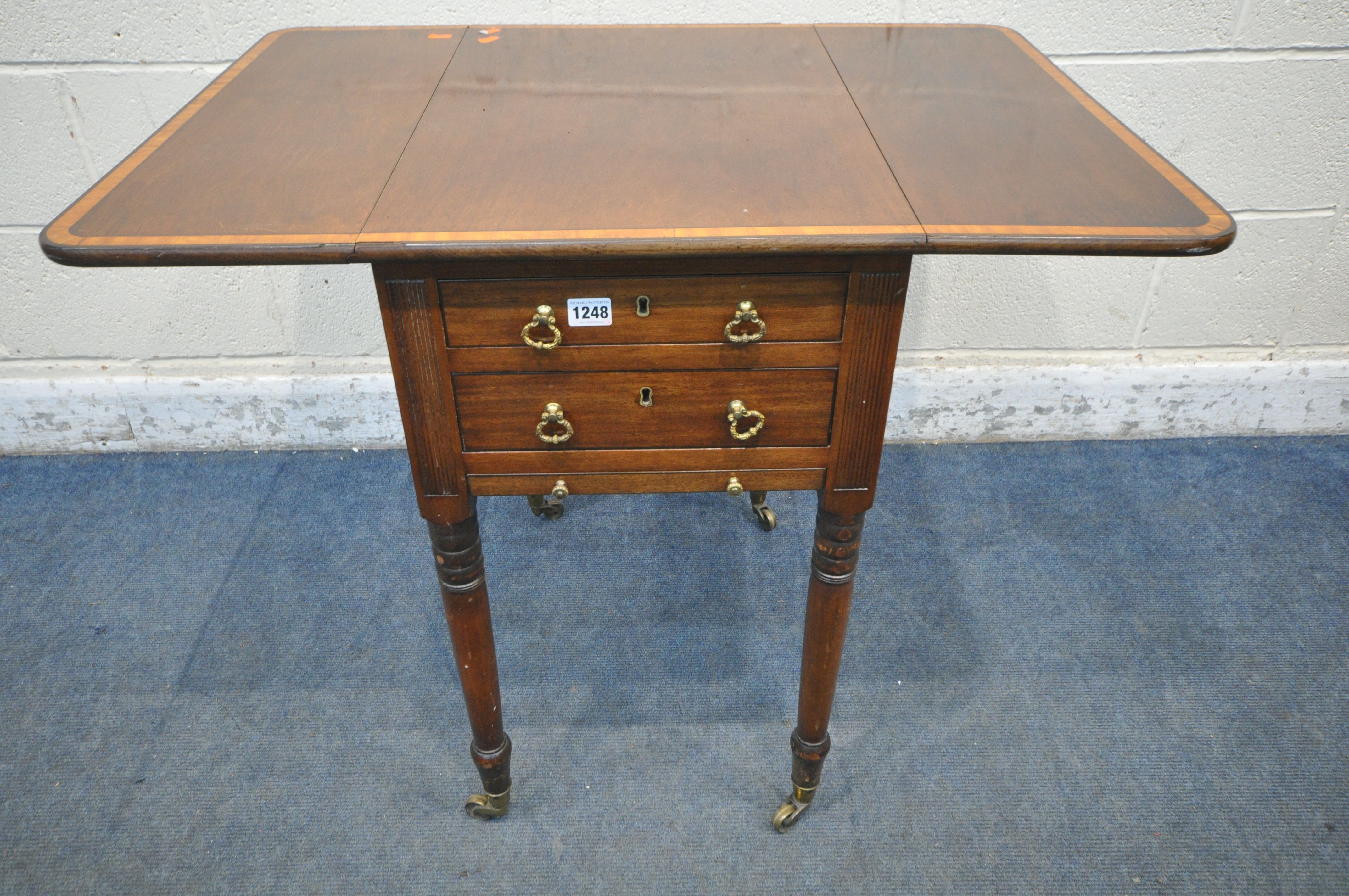 AN EDWARDIAN MAHOGANY AND CROSSBANDED DROP LEAF WORK TABLE, with two drawers, and slide, open - Image 2 of 3