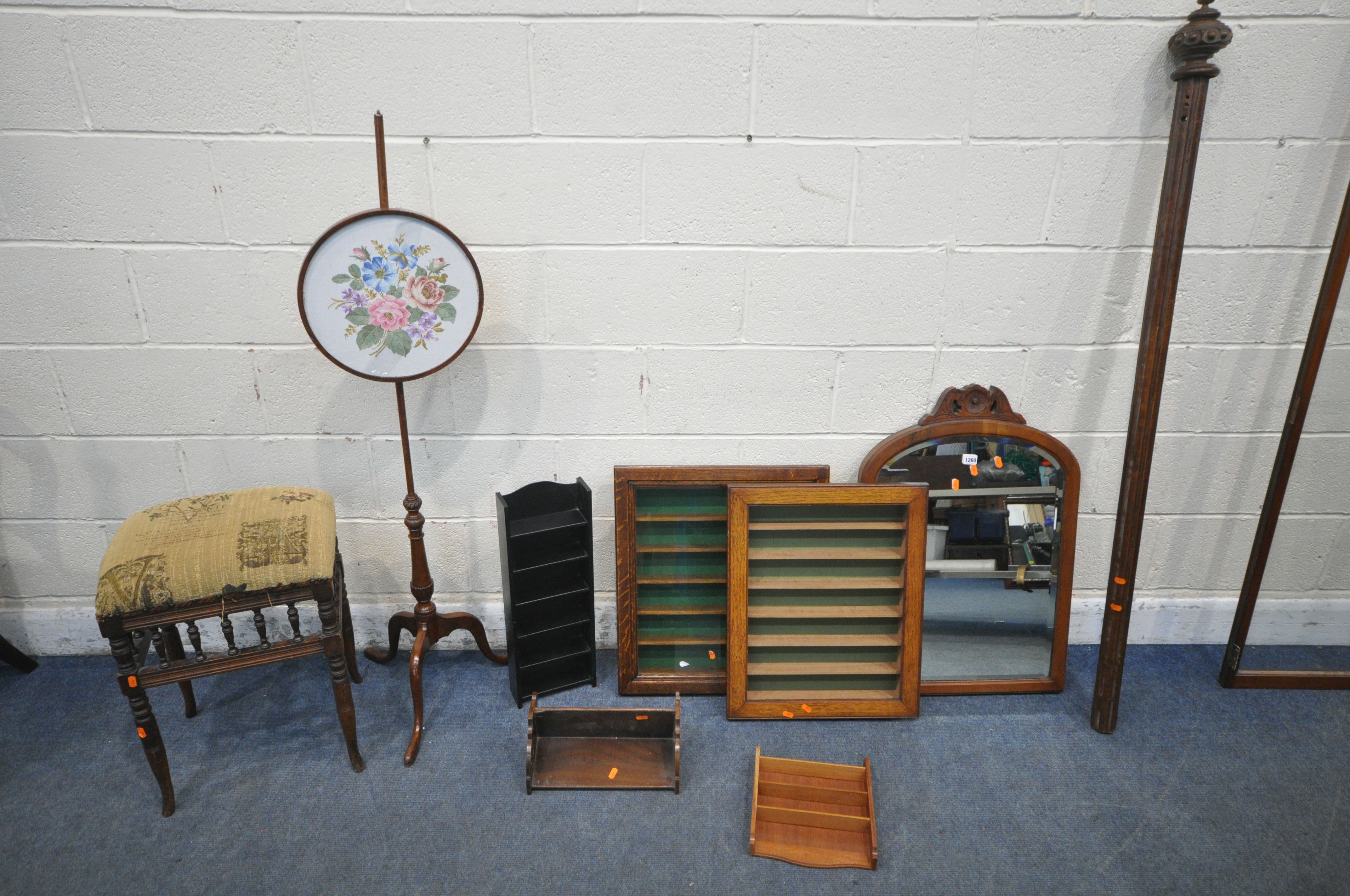 AN EDWARDIAN MAHOGANY PIANO STOOL, a Georgian style pole screen, two oak collectors display cases,