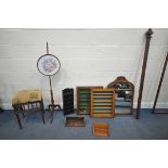 AN EDWARDIAN MAHOGANY PIANO STOOL, a Georgian style pole screen, two oak collectors display cases,
