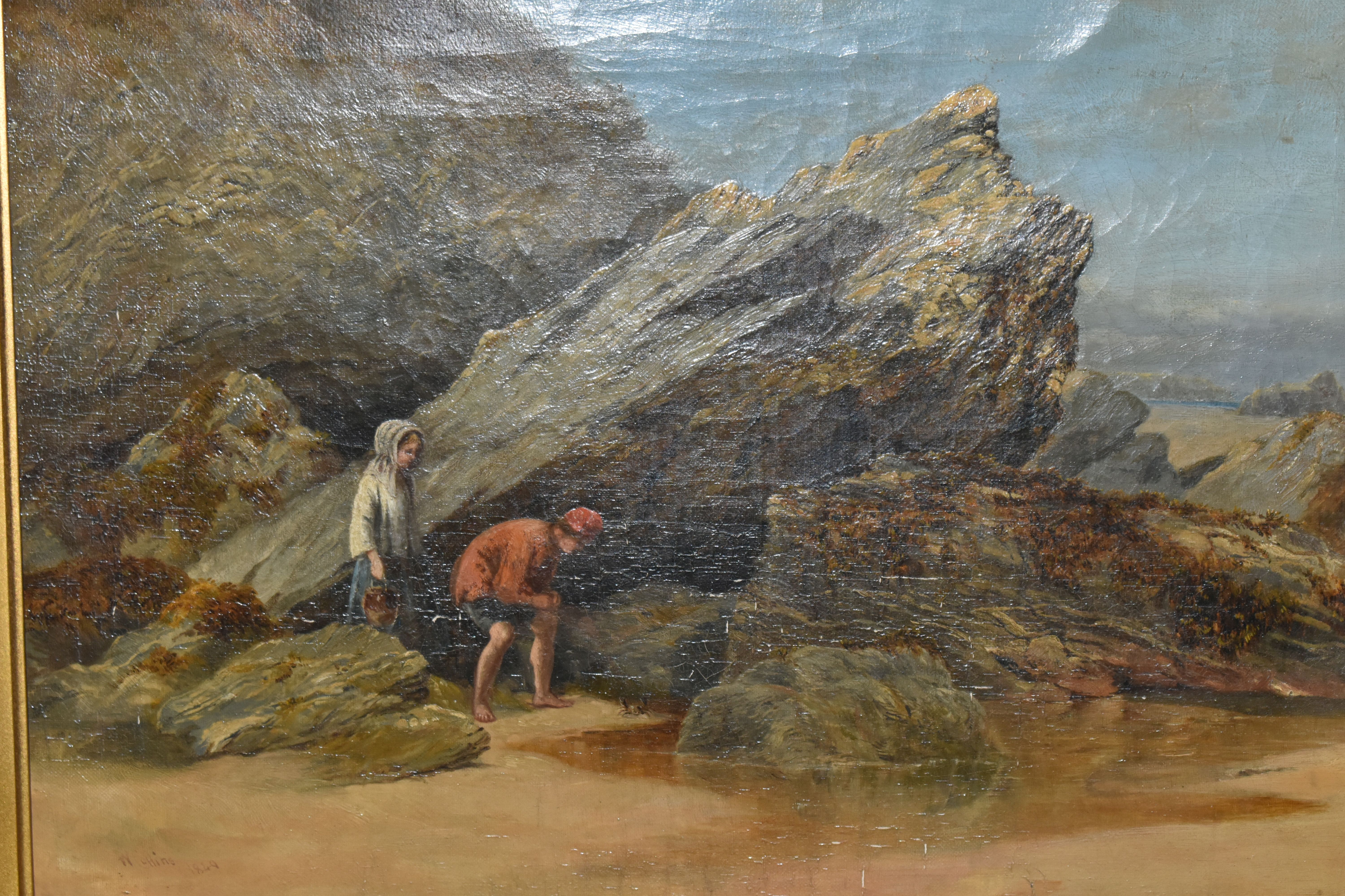 W. COLLINS (19TH CENTURY) A ROCKY COASTAL LANDSCAPE WITH FIGURES, a young male and female figures - Image 2 of 5