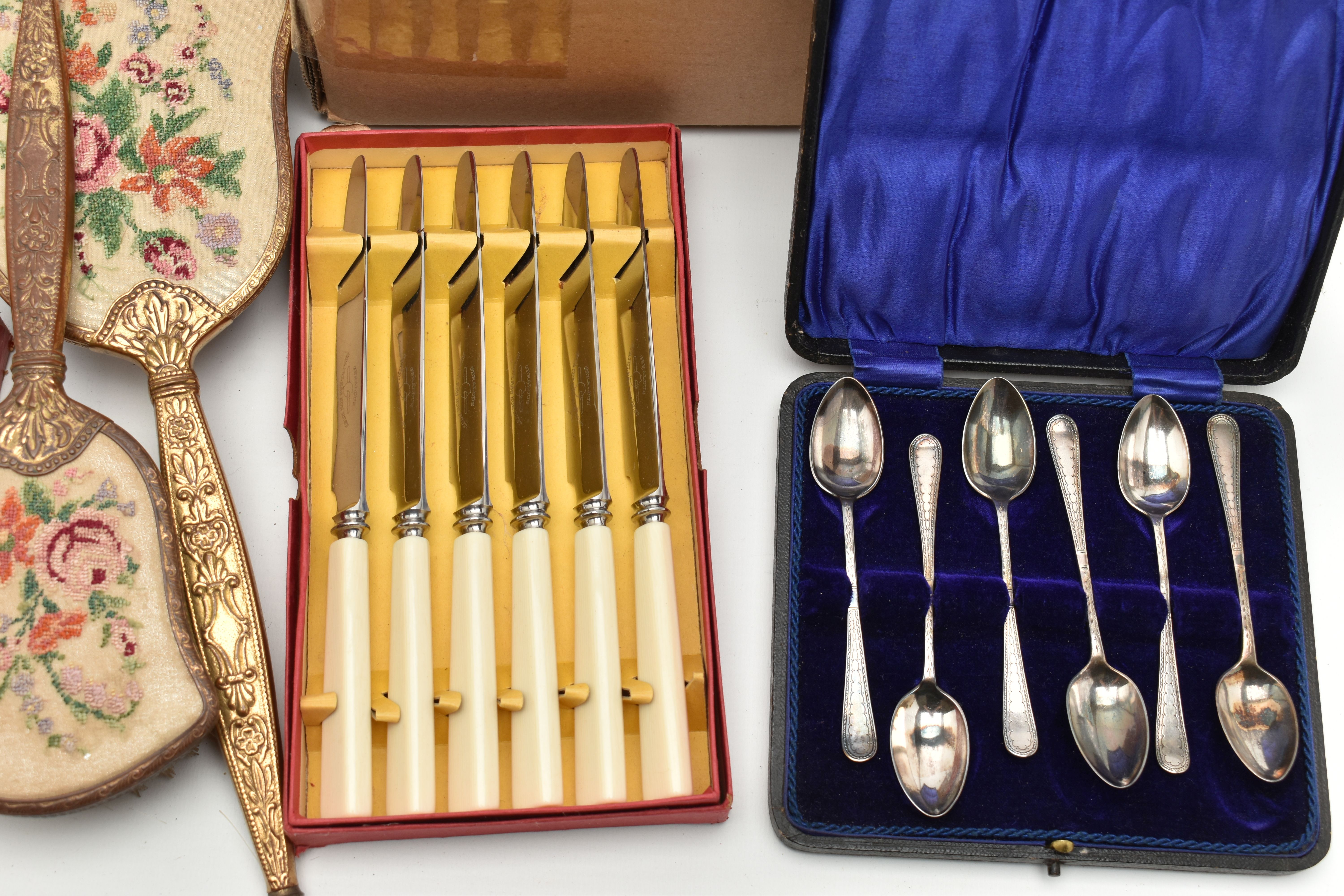 A BOX OF ASSORTED ITEMS, to include a cased set of six silver teaspoons, each hallmarked 'C T - Image 3 of 4