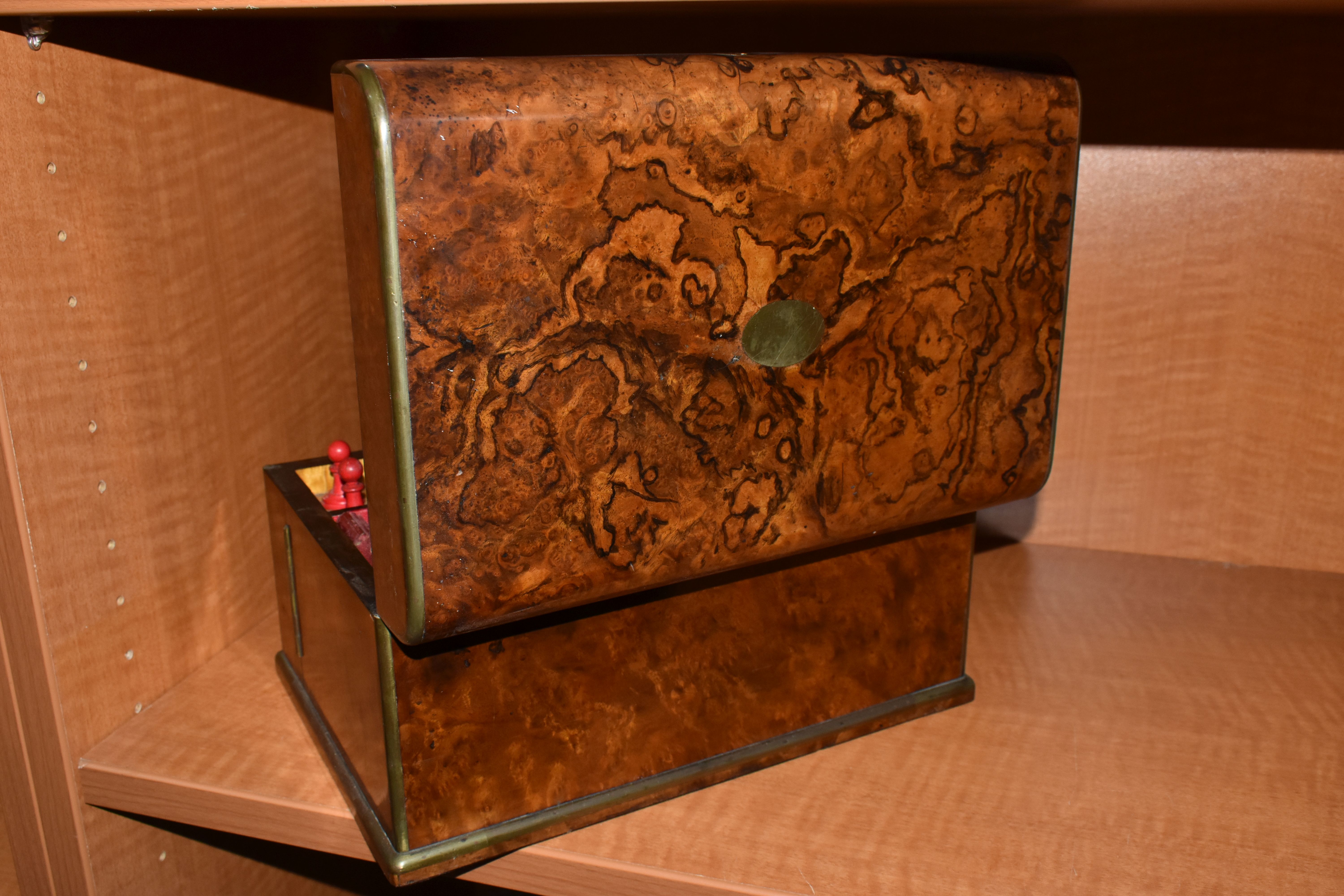 A VICTORIAN BURR WALNUT AND BRASS BOUND GAMES COMPENDIUM, the rectangular box with hinged lid with - Image 13 of 45