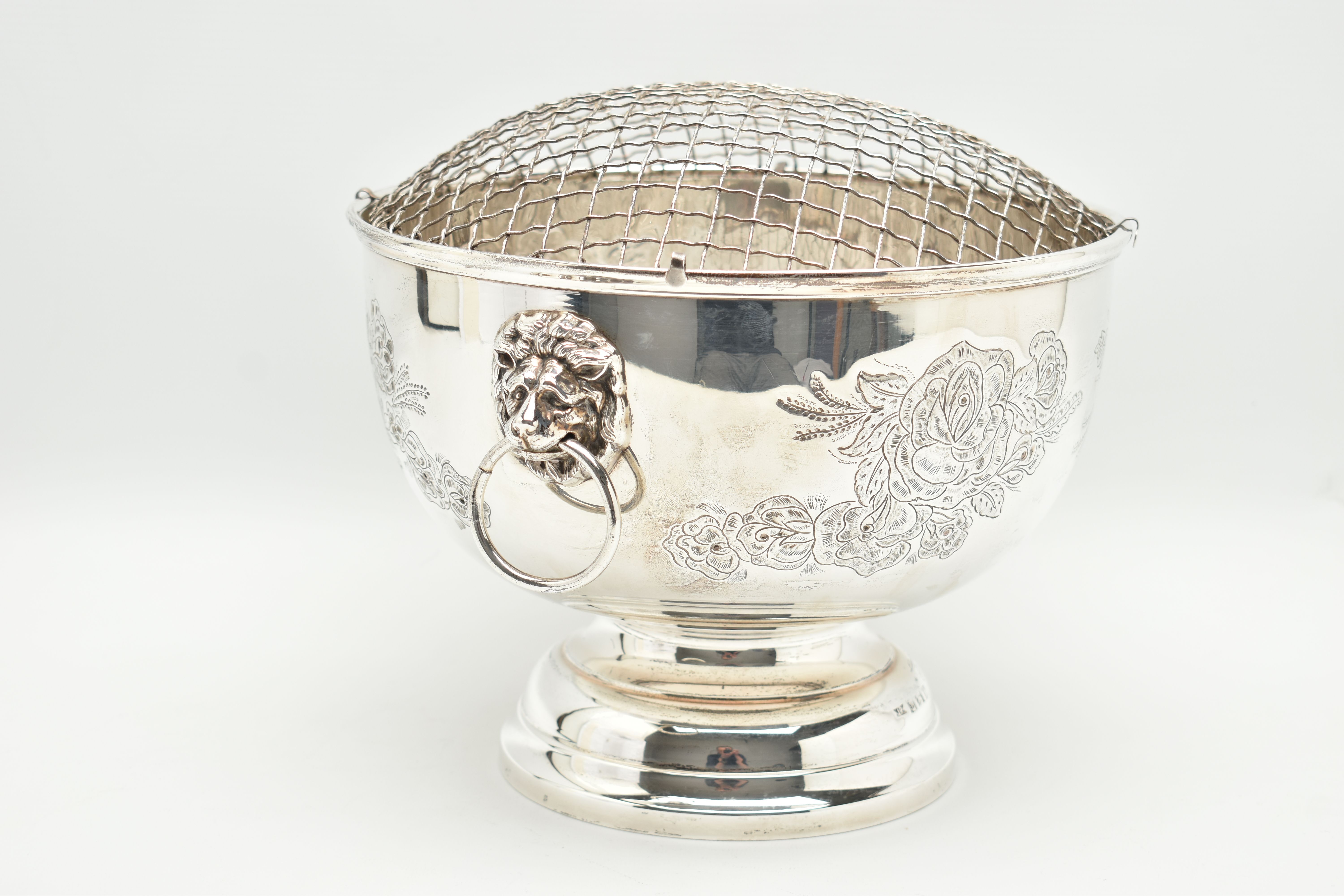 AN ELIZABETH II SILVER ROSE BOWL, fitted with removable wire grille, two lion mask handles, the - Image 3 of 9