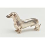 AN ELIZABETH II SILVER DACHSHUND FIGURE, realistically textured, maker Albert Edward Jones,