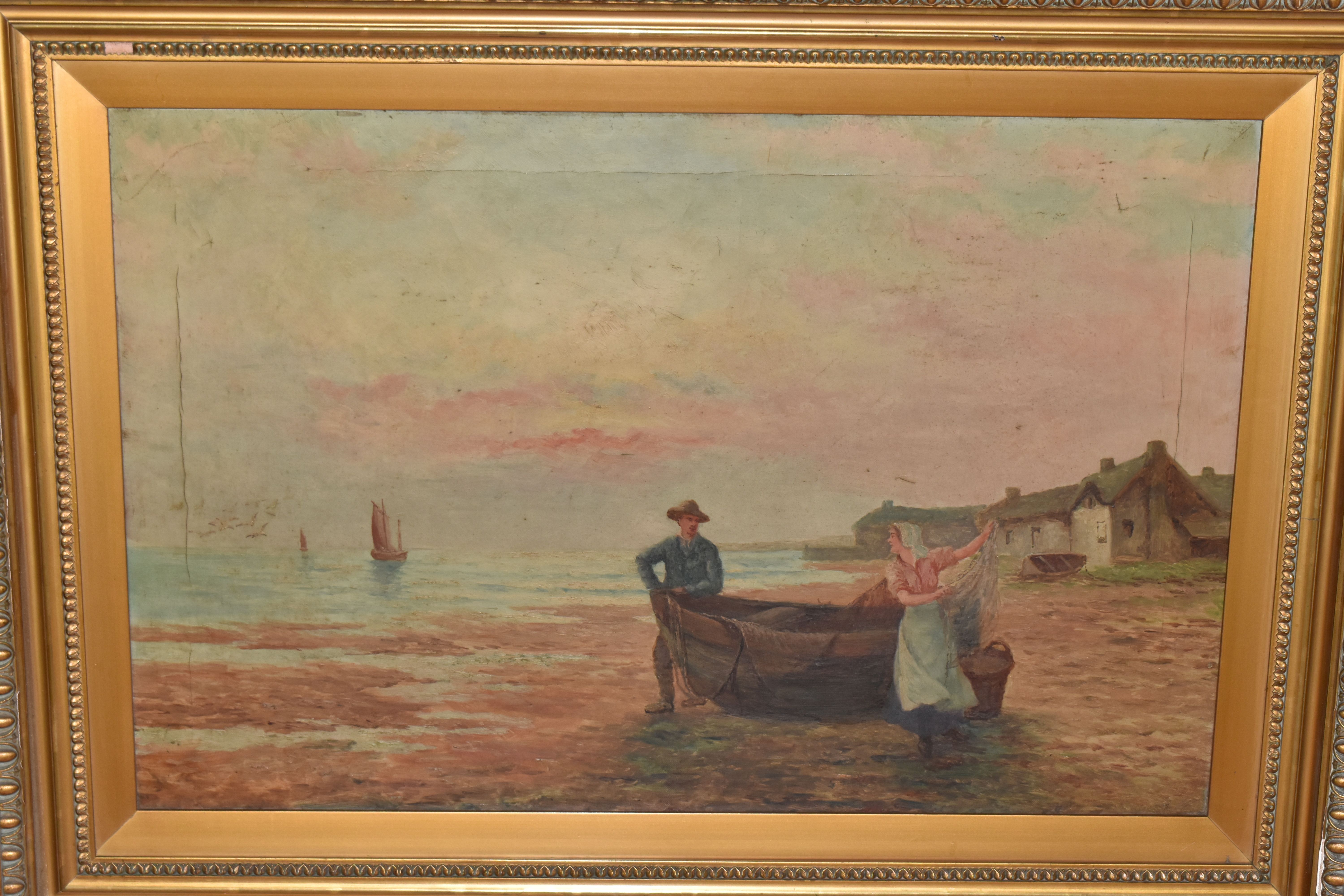 TWO UNSIGNED EARLY 20TH CENTURY COASTAL LANDSCAPES, the first depicts three figures on a beach - Image 2 of 11