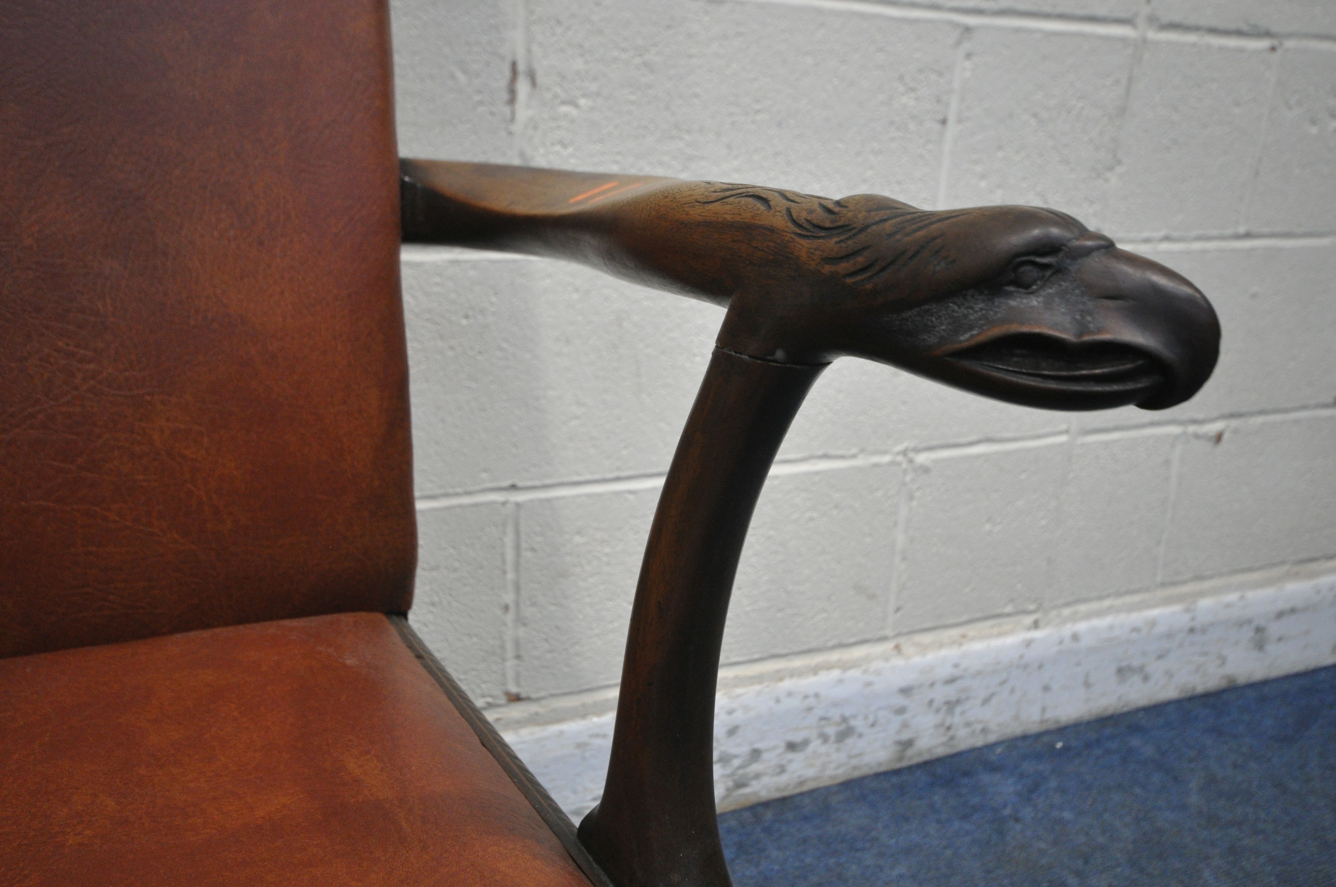 A GEORGIAN MAHOGANY ARMCHAIR, reupholstered with brown leatherette, the open armrests with an - Image 4 of 5