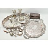 ASSORTED WHITE METAL WARE, to include a silver plated on copper oval tray, a floral double handled