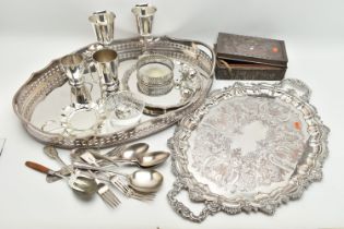 ASSORTED WHITE METAL WARE, to include a silver plated on copper oval tray, a floral double handled
