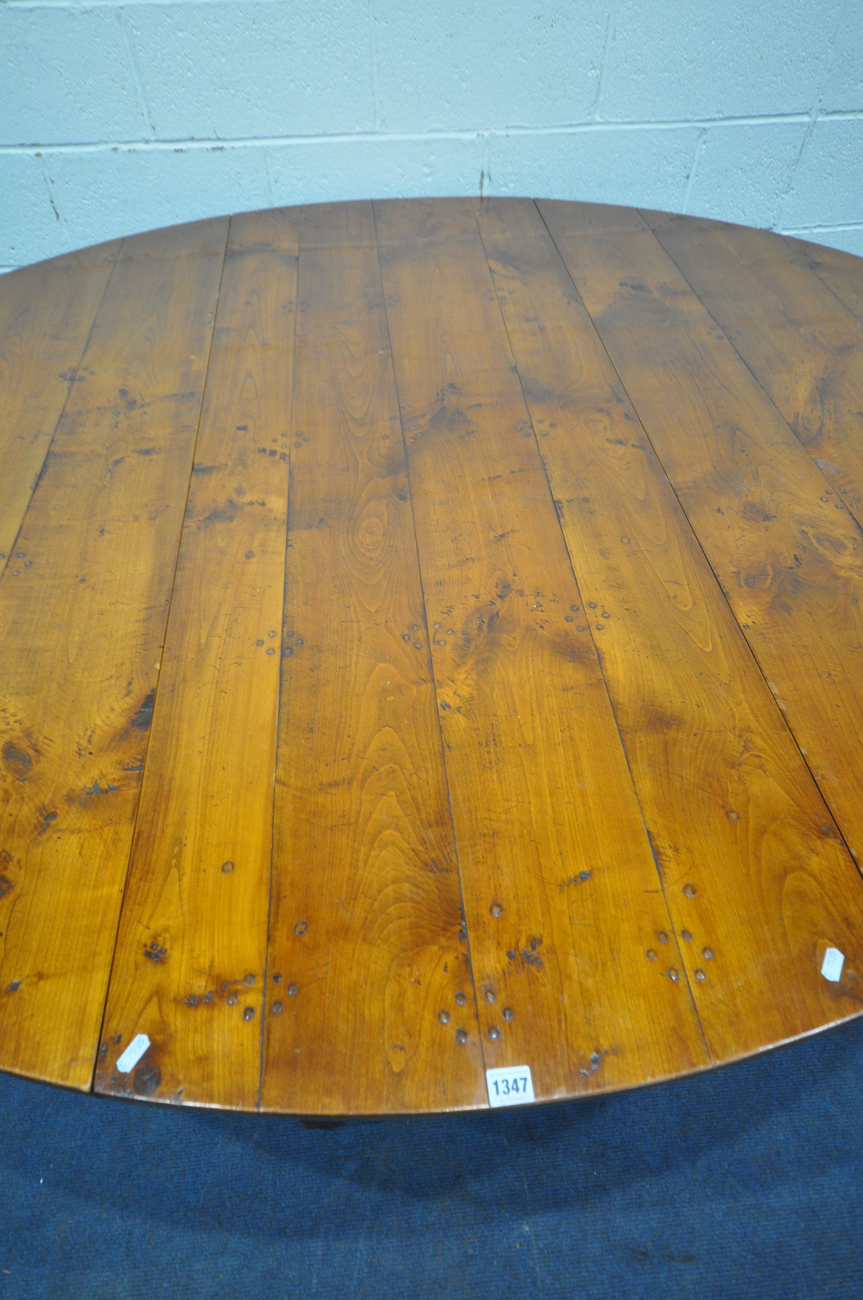 A GOOD QUALITY LARGE REPRODUCTION ELM DROP LEAF TABLE, with a single frieze drawer to each end, - Image 3 of 11