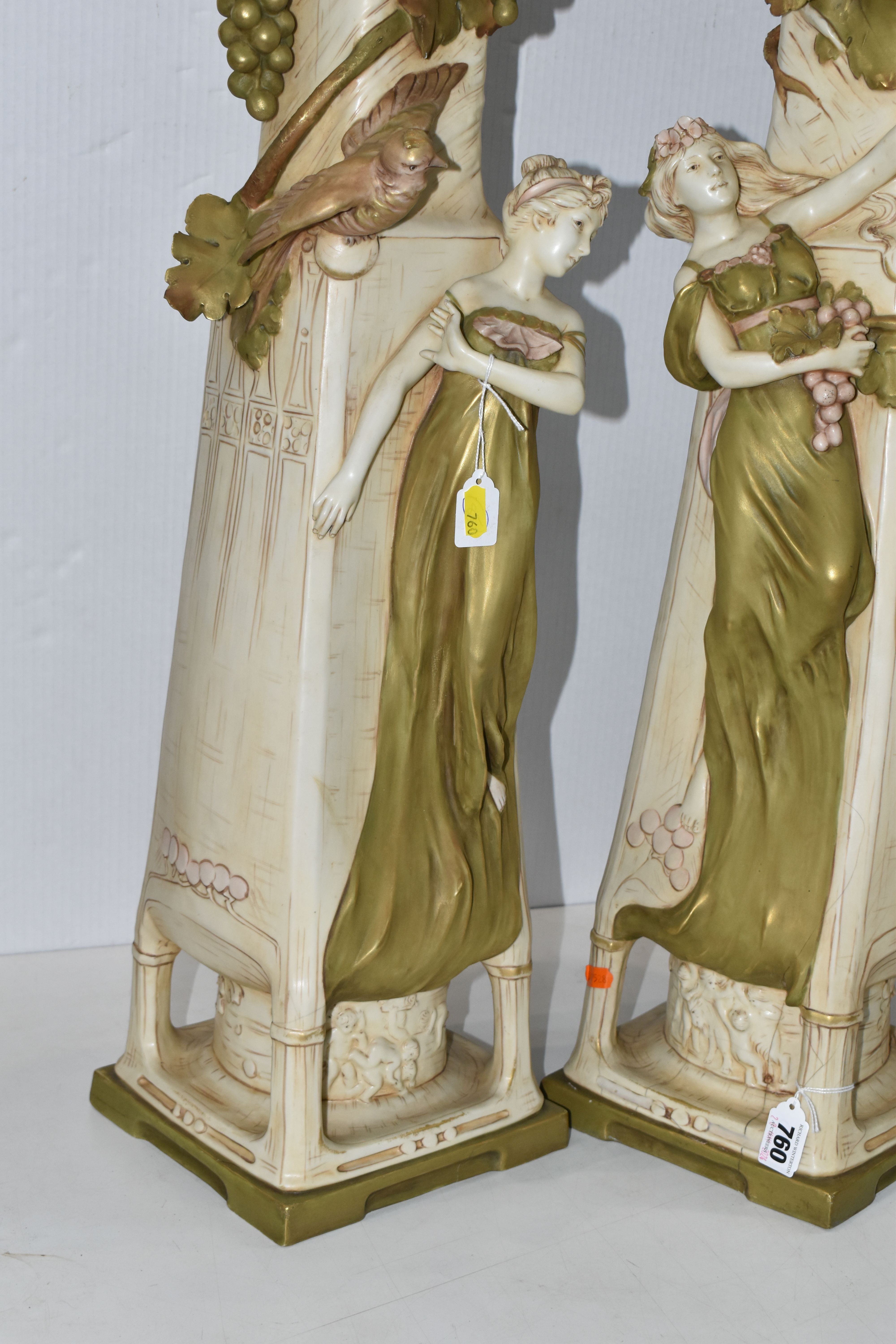 A PAIR OF ROYAL DUX ART NOUVEAU FIGURAL VASES, each modelled with a scrolling neck with fruiting - Image 7 of 21