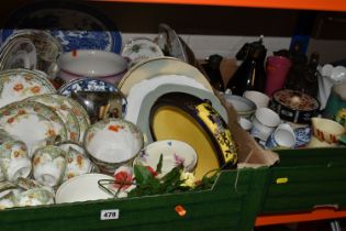 THREE BOXES OF CERAMICS, to include a Denby planter, a Cauldon 'Ching' pattern meat plate, nine